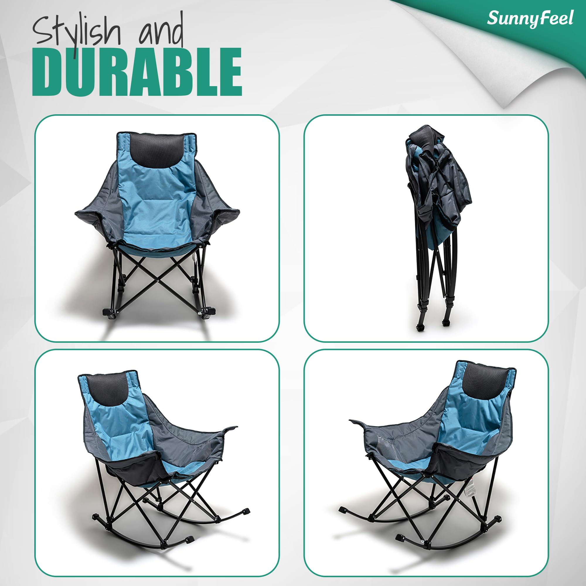 **SUNNYFEEL Premium Rocking Camping Chair - Heavy Duty Oversized Folding Recliner with Padded Seat & Storage Pocket - Portable Outdoor Lounge Chair for Camping, Picnic, Beach, Patio & Backyard Relaxation**