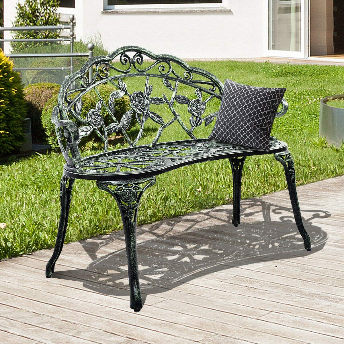 Antique Rose Pattern Cast Aluminum Patio Bench - Elegant Outdoor Garden Chair for Porch, Park & Backyard - Durable Bronze Green Finish - Perfect for Relaxing in Gardens, Decks, and Outdoor Spaces