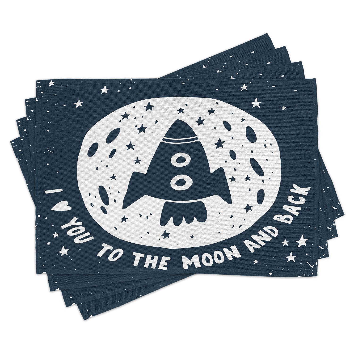 Ambesonne 4-Piece Placemats Set - 'I Love You to The Moon and Back' Valentine's Day Design with Spaceship & Stars, Washable Fabric Table Mats for Dining Room & Kitchen Decor in Dark Blue & White - Perfect for Romantic Dinners & Holiday Gatherings