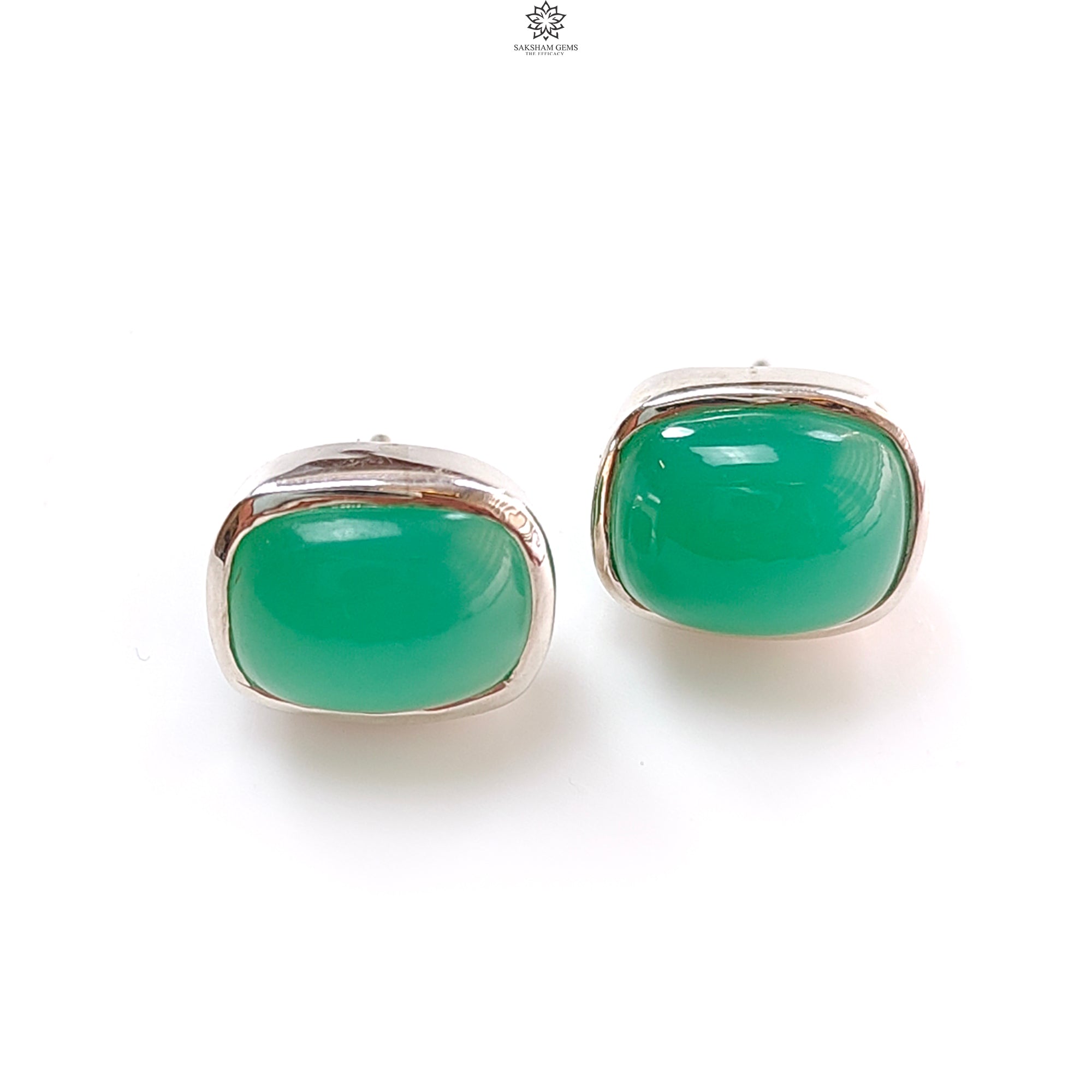 Natural Green Chrysoprase Cabochon Silver Stud Earrings - 925 Sterling Silver Bezel Set Push Back Earrings, 3.61g Cushion Cut Gemstone Jewelry for Women - Perfect for Everyday Wear, Office & Special Occasions