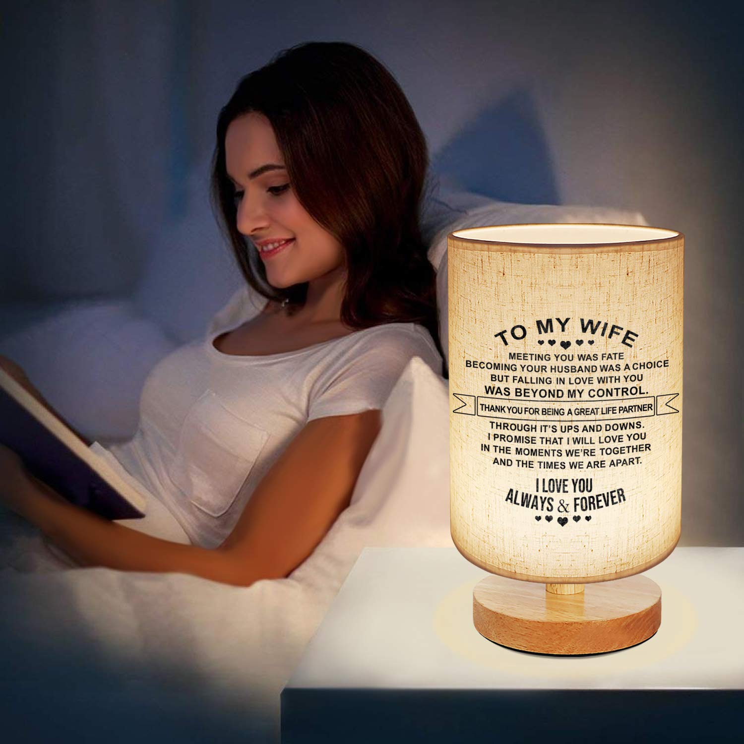 **Personalized Engraved Table Lamp - Dimmable Bedside Nightstand Lamp with Fabric Shade, Perfect for Bedroom, Living Room & Office - Best Anniversary & Birthday Gift for Wife (Husband to Wife Gift Idea)**