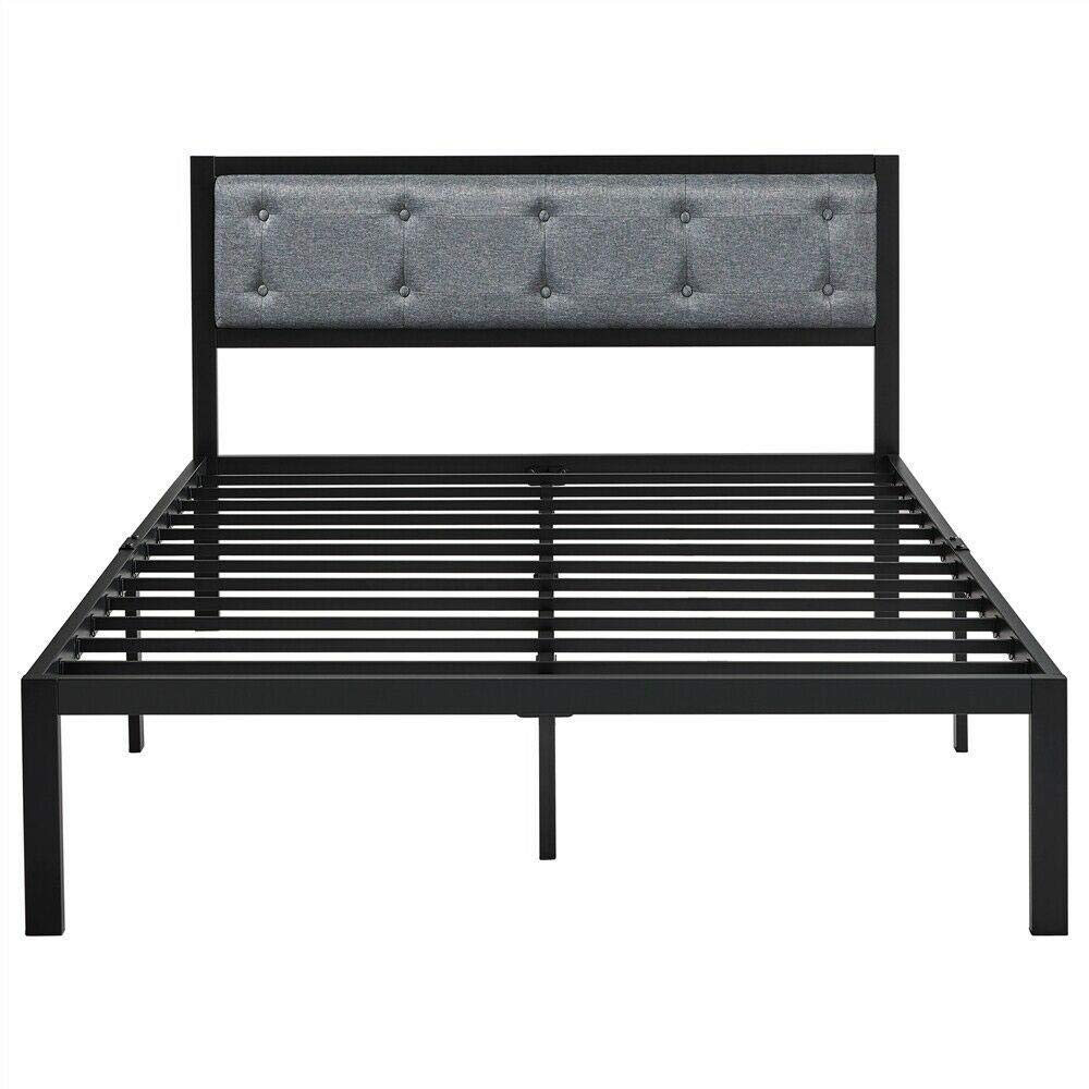 StateOJ Full Size Metal Bed Frame with Linen Upholstered Button Tufted Headboard - Sturdy Bedroom Furniture for Twin/Full/King Size Beds | Perfect for Guest Rooms, Master Bedrooms & Dormitories