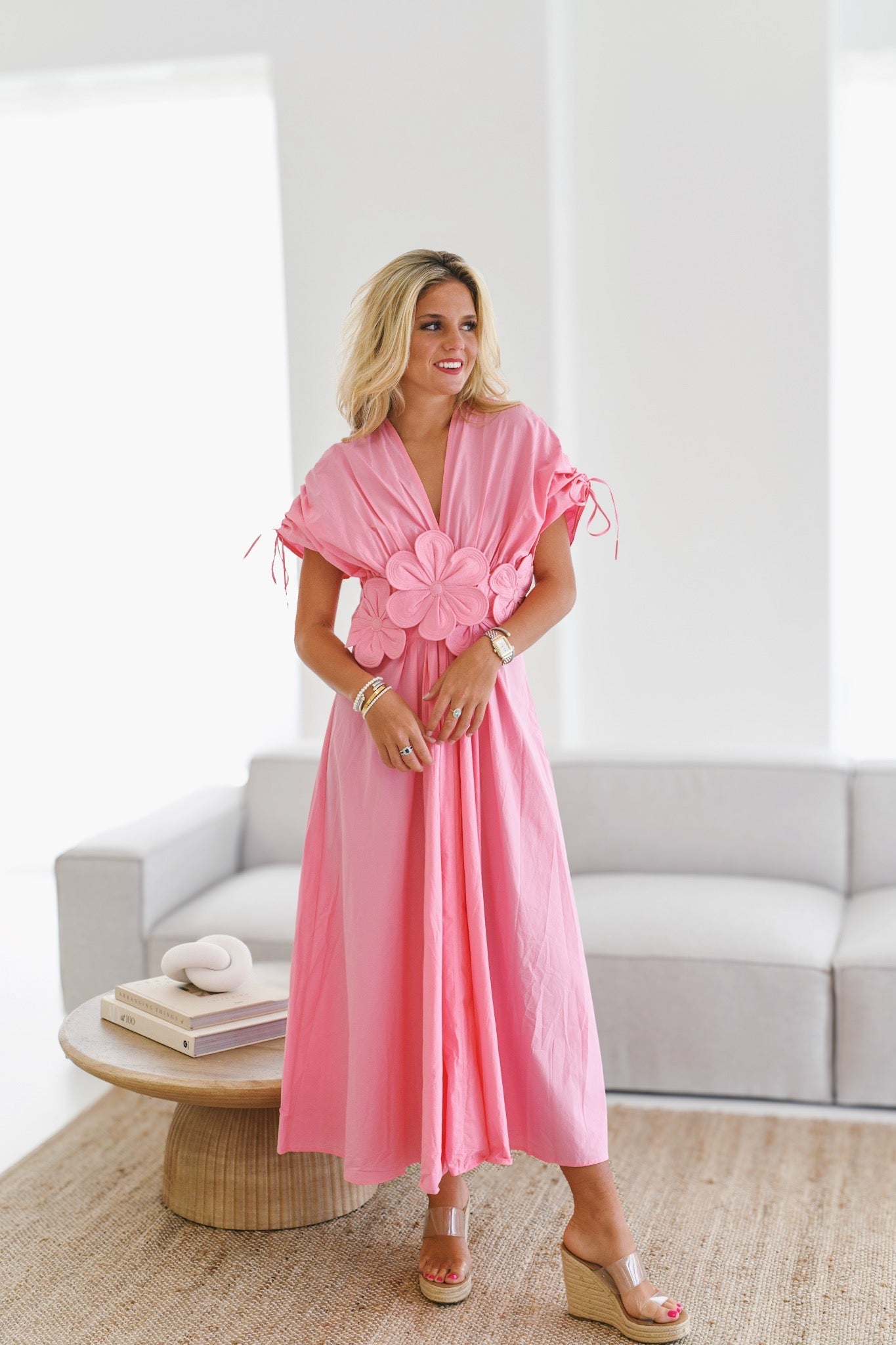 Angie Floral Applique Midi Dress for Women - Elegant Pink Summer Dress for Wedding, Party & Date Night