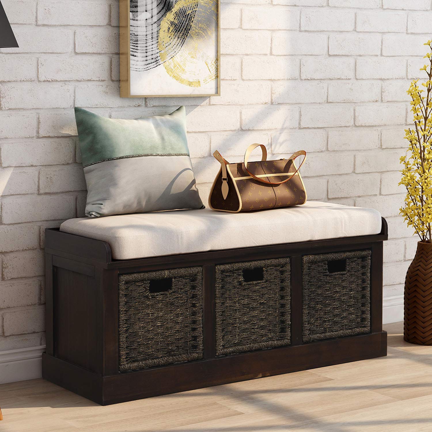 Harper & Bright Designs Rustic Entryway Storage Bench with 3 Removable Baskets & Cushion - Shoe Organizer Bench for Living Room, Hallway, Bedroom - Perfect for Small Space Organization & Home Decor