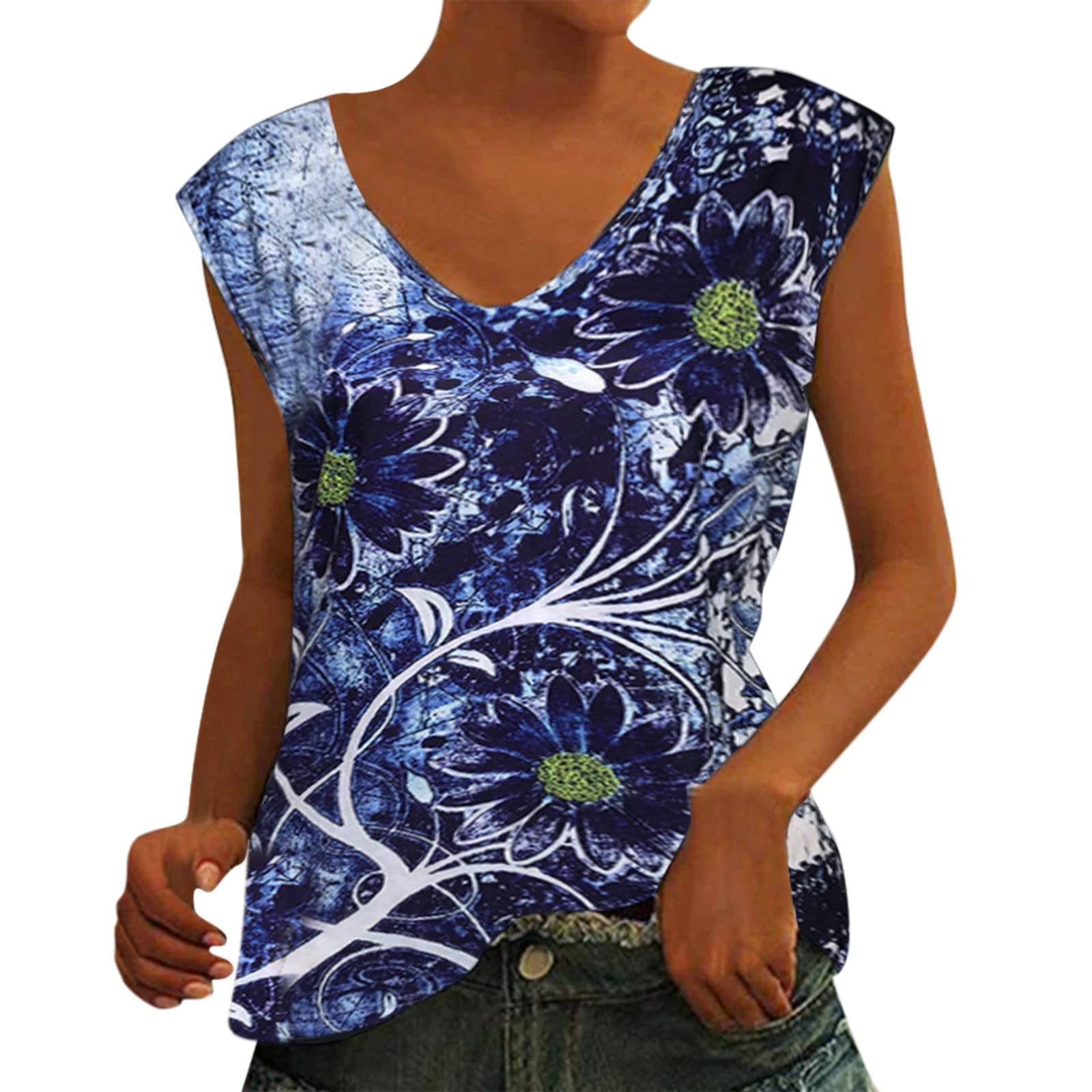 Women's Floral Printed Sleeveless Crew Neck Tank Top - Summer Casual Blouse for Beach, Vacation & Outdoor Activities