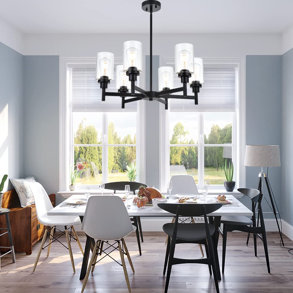 VINLUZ 6-Light Black Industrial Chandelier with Clear Glass Cylinders - Modern Pendant Lighting Fixture for Kitchen, Dining Room, Bedroom, Living Room & Office Decor