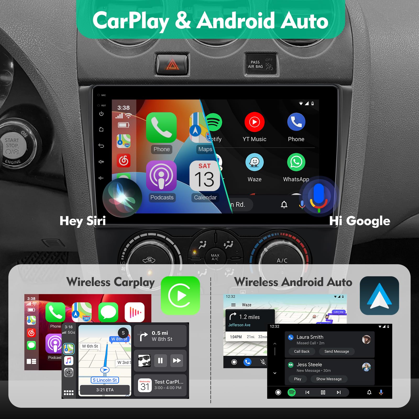 9-Inch IPS Touchscreen Android 10 Car Stereo for Nissan Altima 2008-2012 | Wireless CarPlay & Android Auto | 2+32GB | GPS, WiFi, Bluetooth, FM Radio | Backup Camera & Steering Wheel Control | Perfect for Commuting & Road Trips
