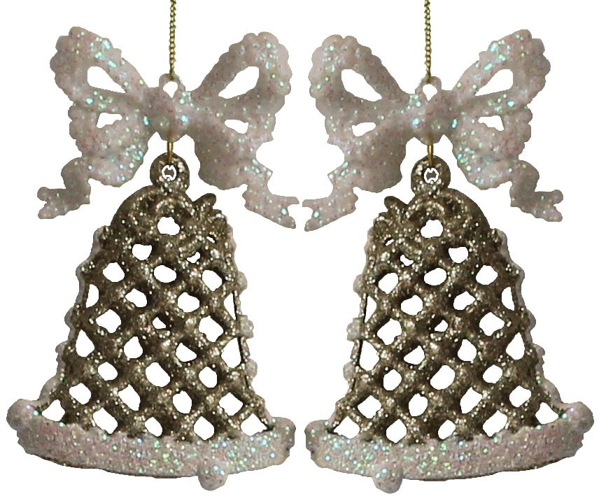 2 Pack Gold Glitter Christmas Bell Ornaments - Holiday Tree Decorations, Party Favors, Gift Toppers & Festive Home Decor