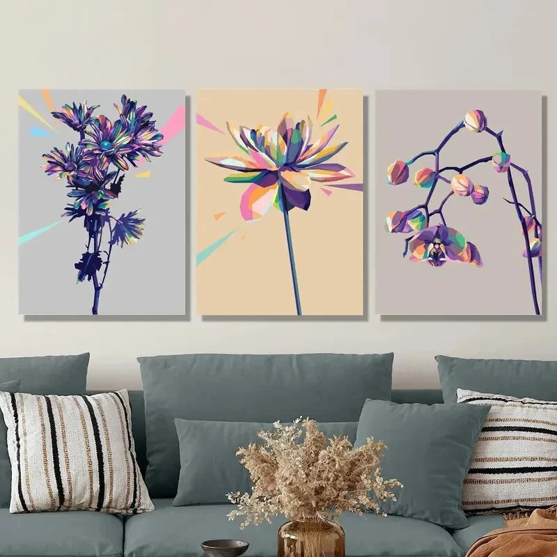 3-Piece Abstract Colorful Floral Purple Gold Metal Wall Art Prints - Ready to Hang Home Decor for Living Room, Bedroom & Office