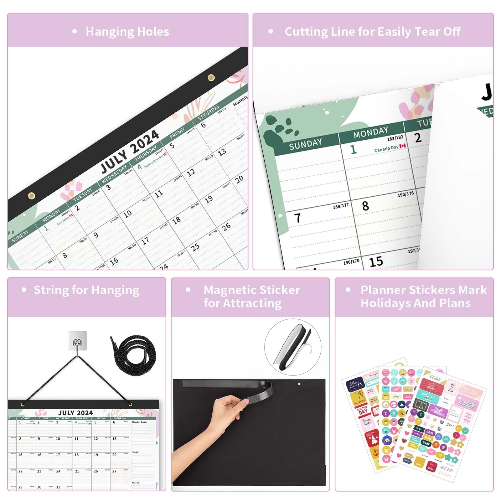 Ospelelf 2024-2025 Magnetic Wall Calendar - 18 Month Large Planner with Floral Design & Plastic Cover (17