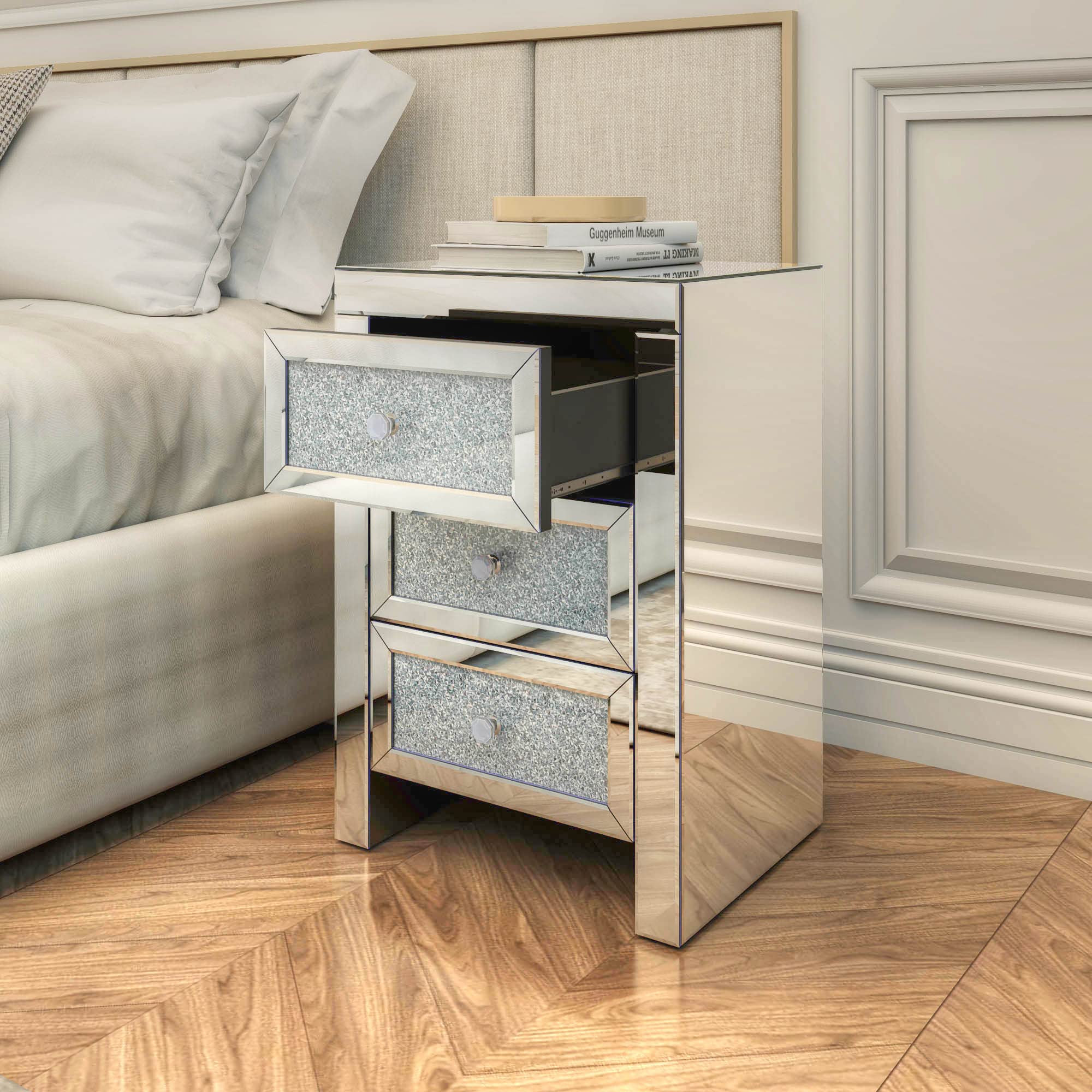 DEINPPA Mirrored Vanity Desk Set with Crystal Diamond Accents - 2 Drawer Makeup Dressing Table for Women & Girls | Perfect for Bedroom, Living Room or Home Office Beauty Station