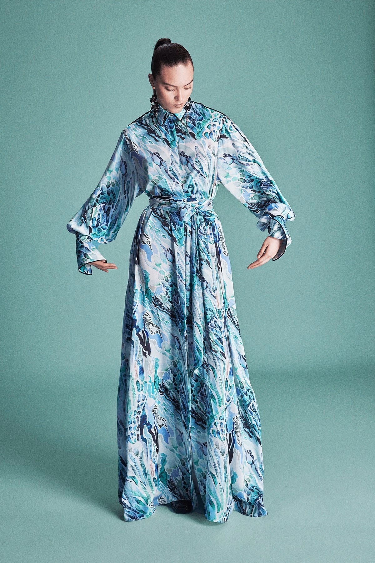 Lulu Long Maxi Dress with Long Sleeve & Detailed Piping - Elegant Flowy Women's Formal Dress for Weddings, Parties & Evening Events