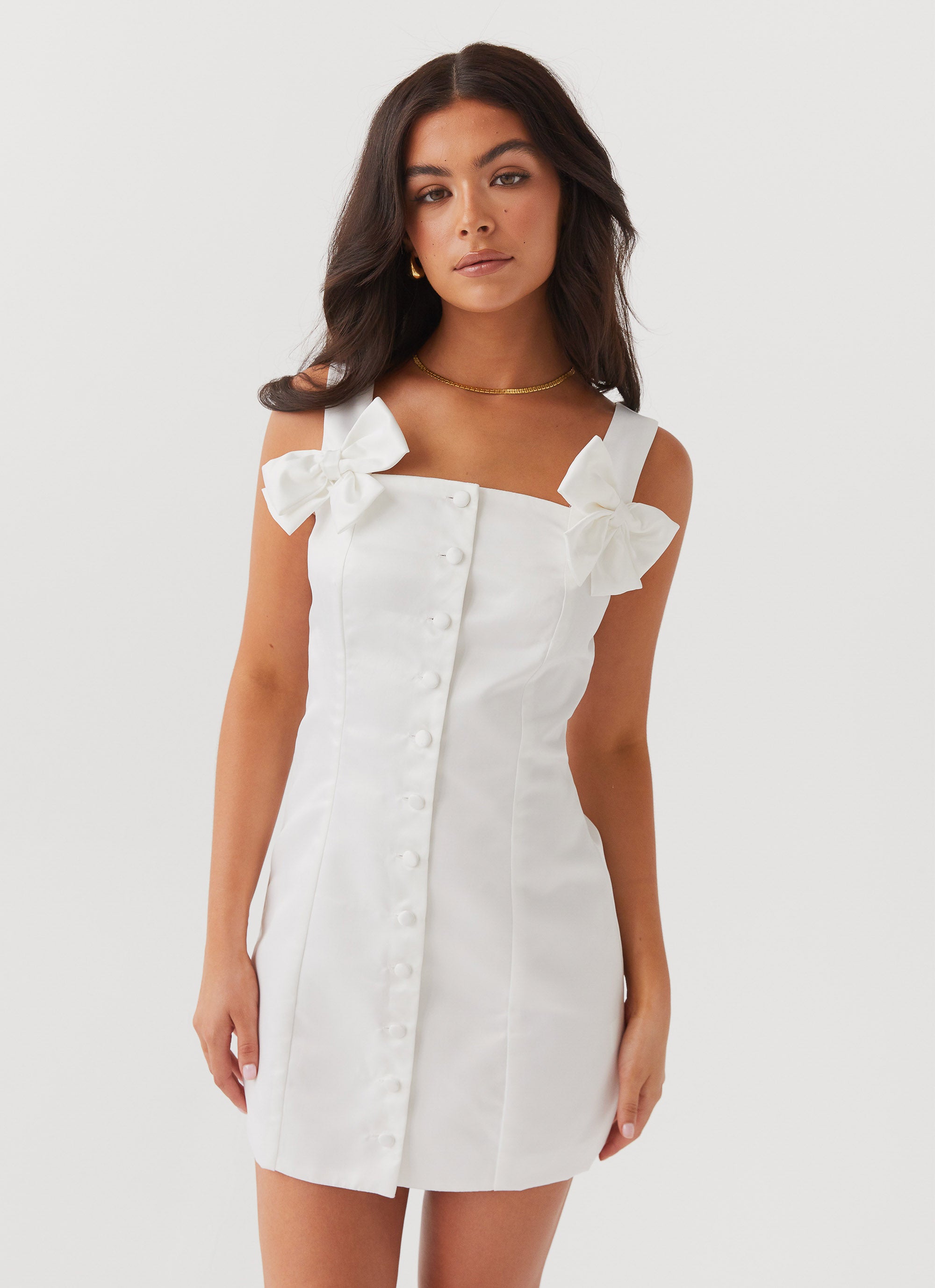 Brielle Bow Satin Mini Dress - Elegant White Party Cocktail Dress for Women | Perfect for Weddings, Date Nights & Special Occasions