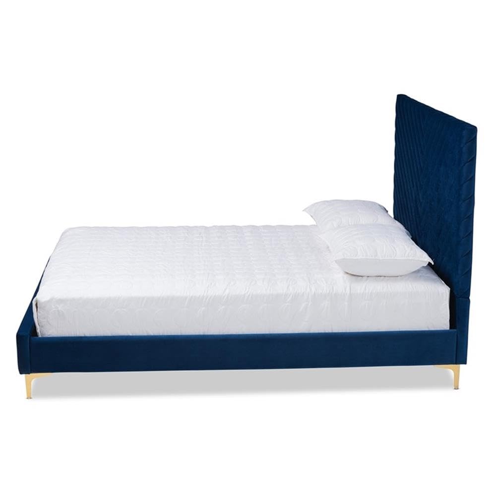 Baxton Studio Fabrico Contemporary Navy Blue Velvet Upholstered Queen Size Platform Bed with Gold Metal Frame - Luxurious Bedroom Furniture for Modern Glam Decor
