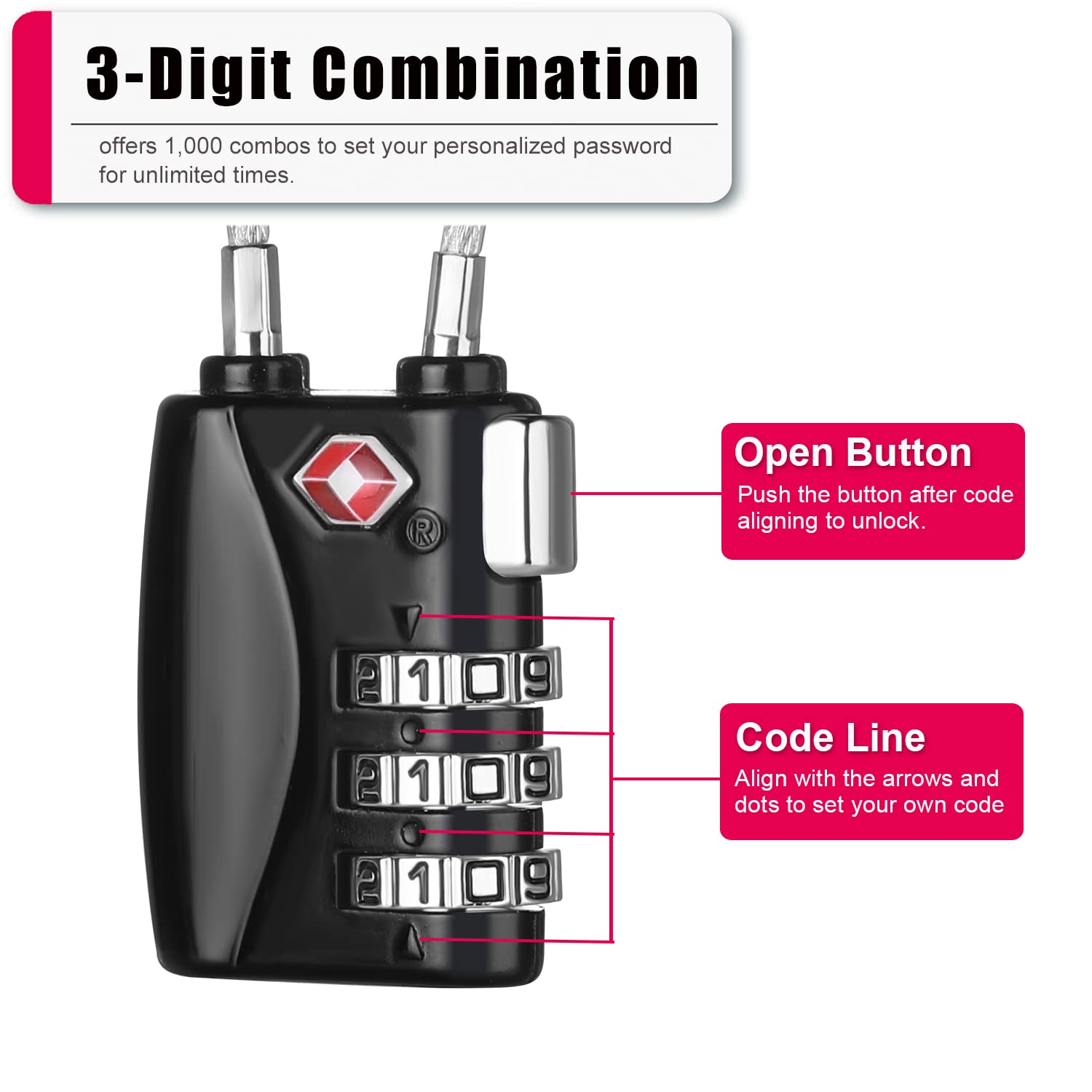 TSA Approved Luggage Lock 2 Pack - 3 Digit Combination Travel Padlock for Suitcases & Backpacks (Black & Red) - Secure Your Bags During Air Travel & Hotel Stays