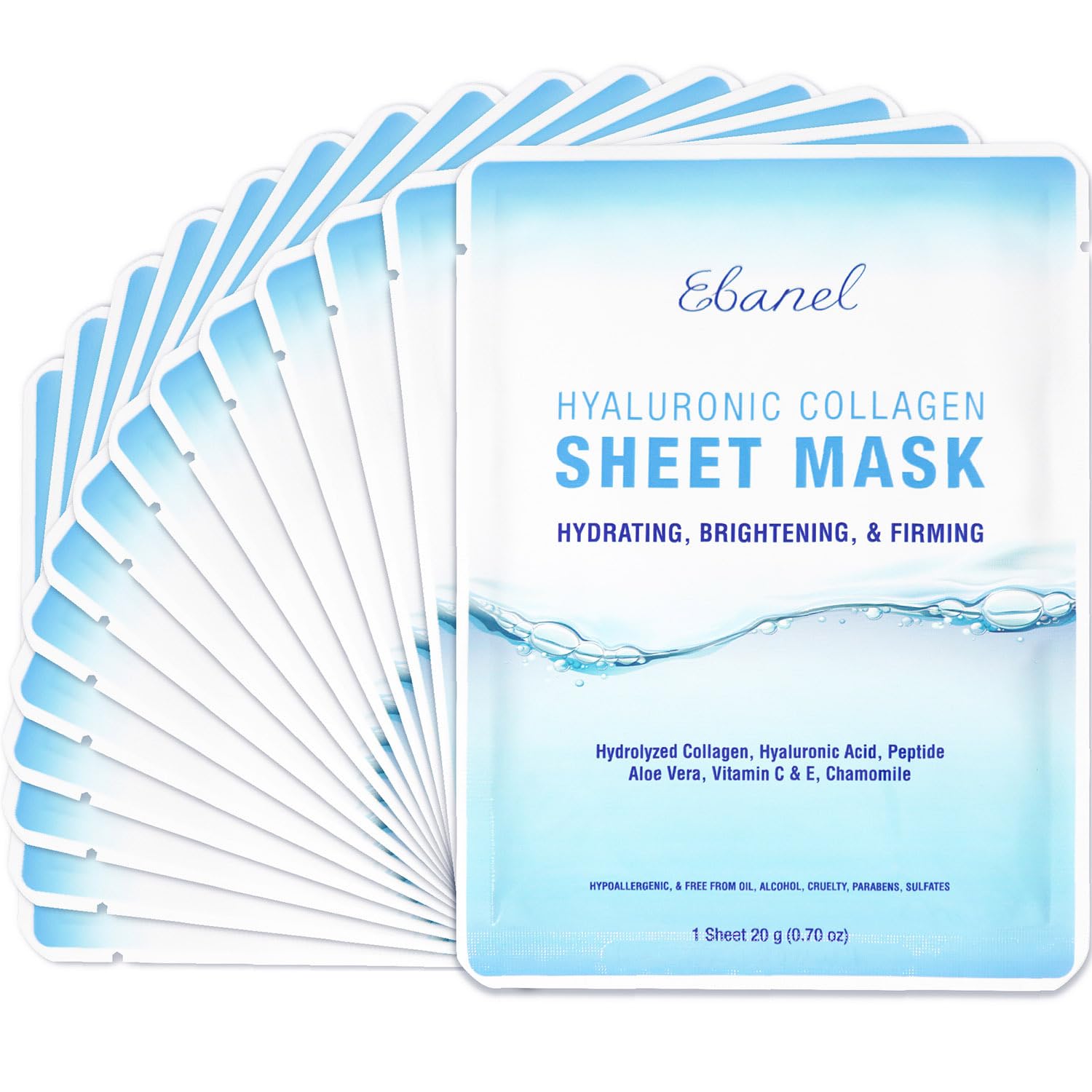 Ebanel 15 Pack Collagen Peptide Hydrating Face Masks - Brightening, Firming & Anti-Aging Sheet Masks with Hyaluronic Acid, Vitamin C, Chamomile & Aloe | Instant Moisturizing Spa Facial Mask for Glowing Skin | Perfect for Daily Skincare, Spa Days & Travel Essentials
