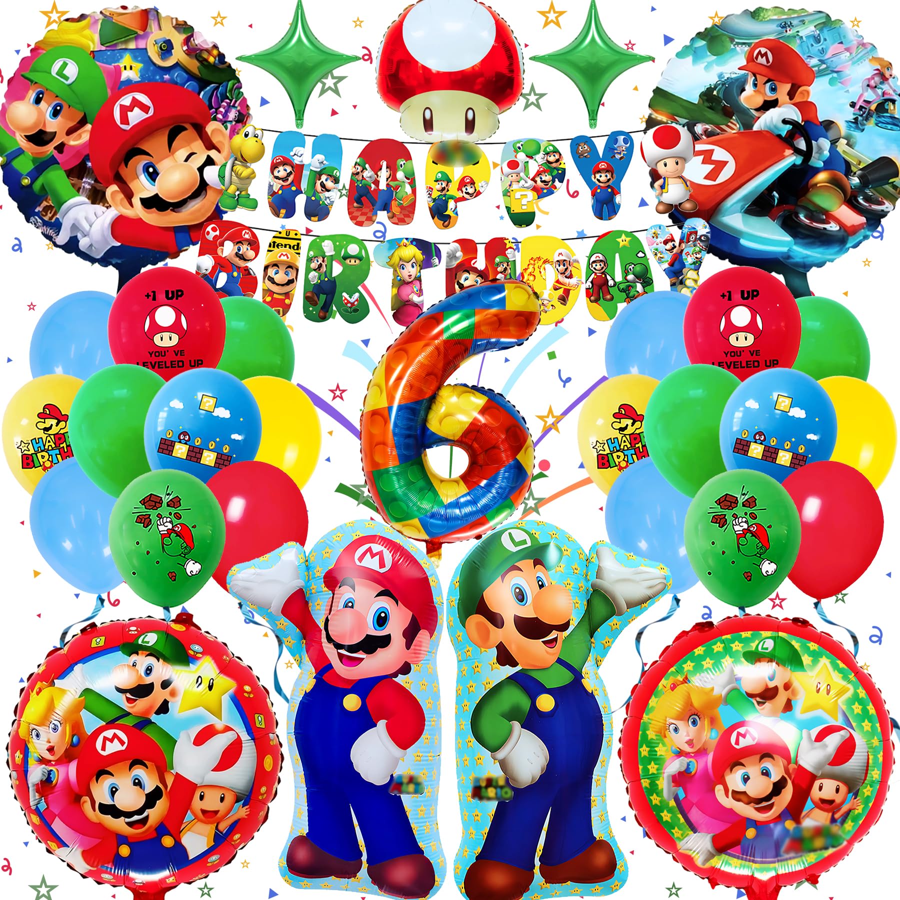 Super Mario 6th Birthday Balloons Decorations - 32 Pieces 3D Cartoon Balloon Banner Set for Boys, Sea Theme Party Supplies - Perfect for Kids Birthday Parties, Baby Showers & Themed Events