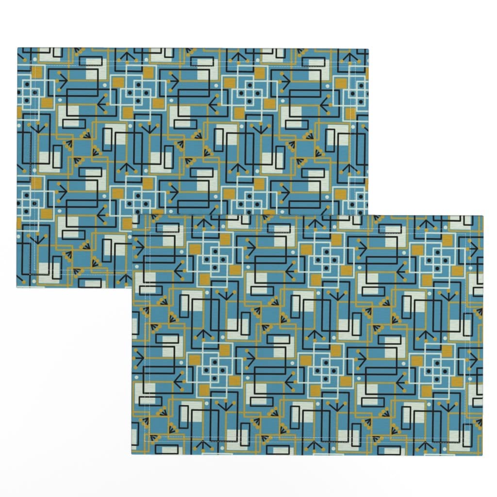 Mid Century Modern Blue Atomic Print Linen Cotton Canvas Placemats (Set of 2) - Washable & Durable Table Mats for Dining, Kitchen Decor, and Dinner Parties