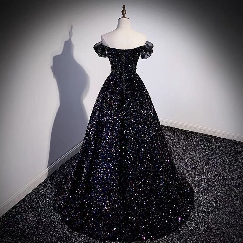 Elegant Off-The-Shoulder A-Line Sequin Long Prom Dress J3090 for Homecoming, Formal Dances & Special Occasions