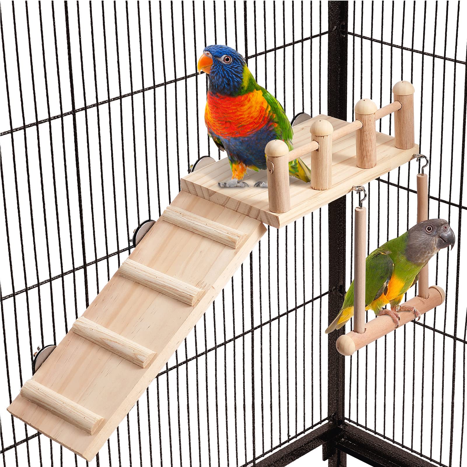 Wooden Bird Perches Platform Swing with Climbing Ladder - Sturdy Parakeet Cage Accessories & Small Bird Play Gyms for Exercise | Perfect for Cockatiels, Lovebirds & Finches in Aviaries or Home Cages