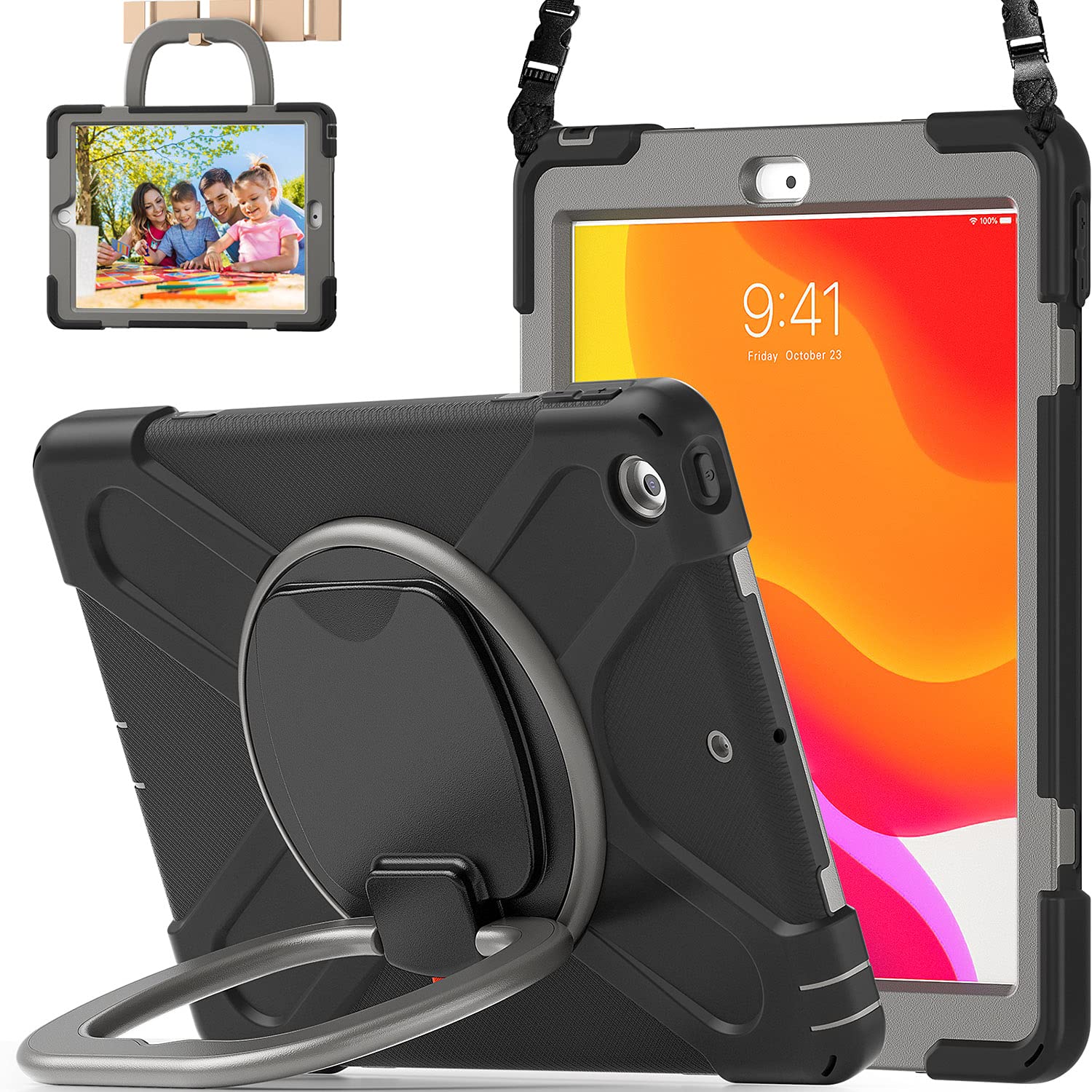 Shockproof Kids Case for iPad 10.2 Inch (9th/8th/7th Generation 2021-2019) with Screen Protector, Rotating Stand, Pencil Holder & Shoulder Strap - Black & Grey | Perfect for School, Travel & Home Use