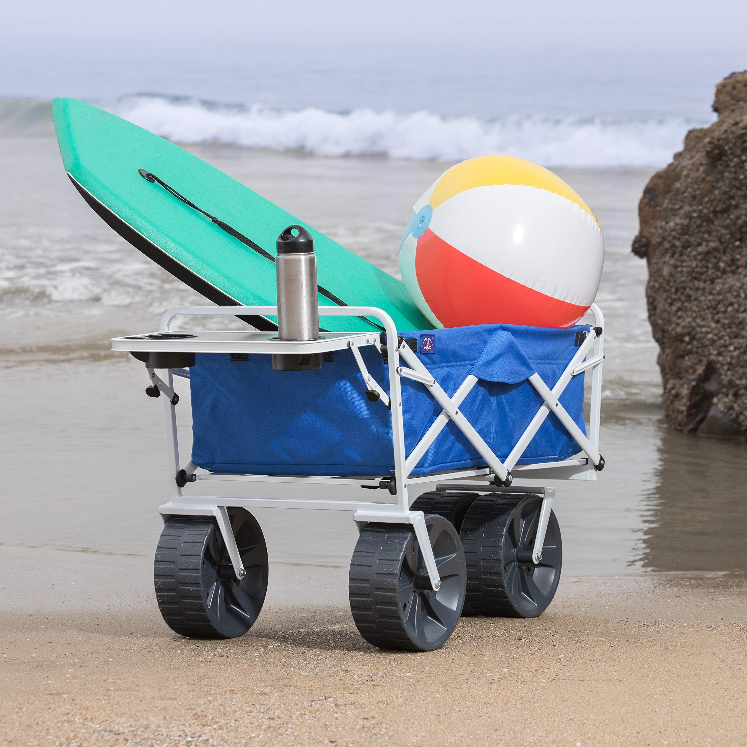 MacSports All Terrain Heavy Duty Folding Wagon Cart with Large Wheels & Side Table - Portable Collapsible Utility Cart for Beach, Picnic, Camping, Outdoor Adventures (Blue/White) | Perfect for Sand, Grass & Rough Terrains