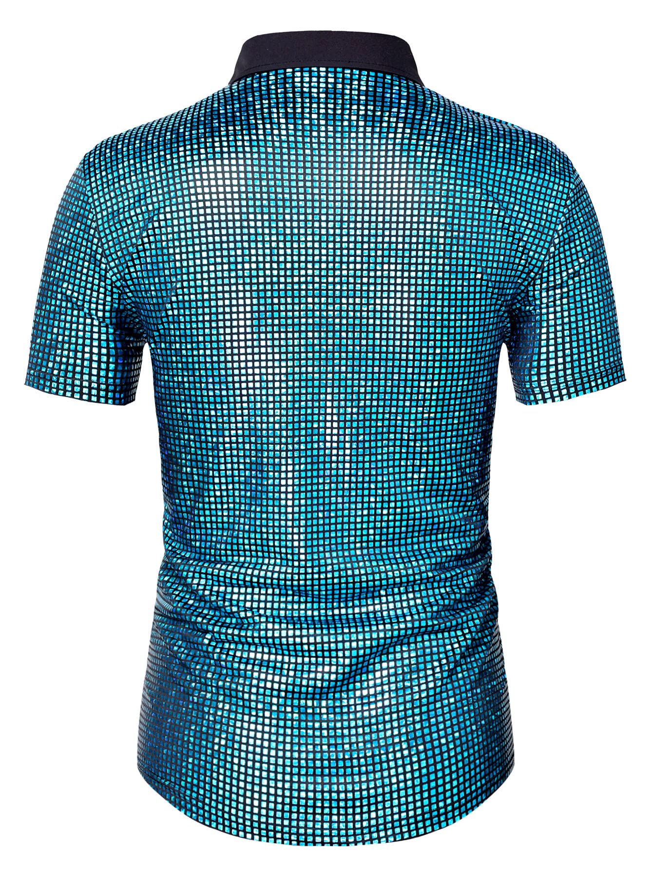WULFUL Men's Disco Shirt with Sequins - 70s Vintage Short Sleeve Button Down Shirt for Costume Parties, Nightclub Outfits & Themed Events