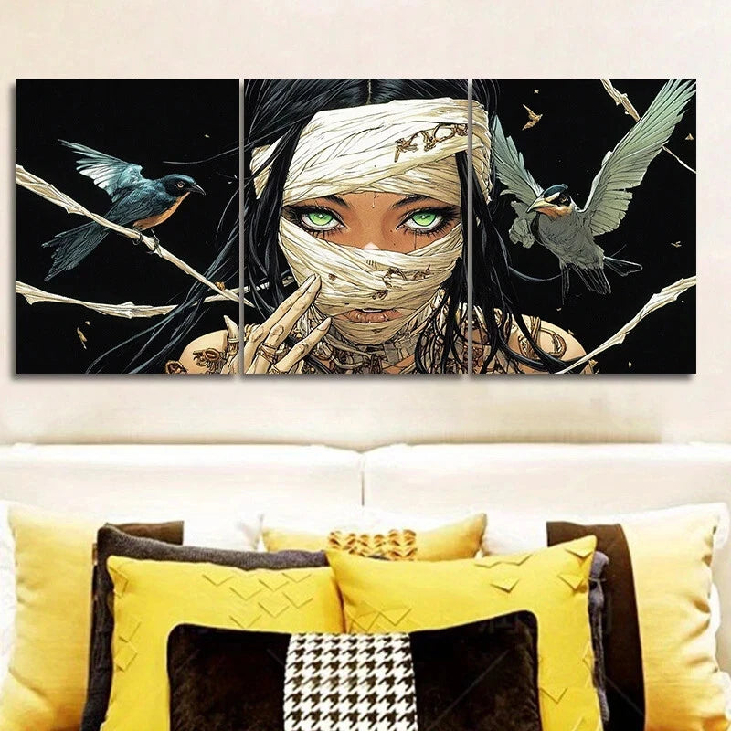 3-Piece Abstract Cartoon Woman Art Print with Stunning Green Eyes - Metal Wall Decor Ready to Hang - Perfect for Living Room, Bedroom & Office Decor