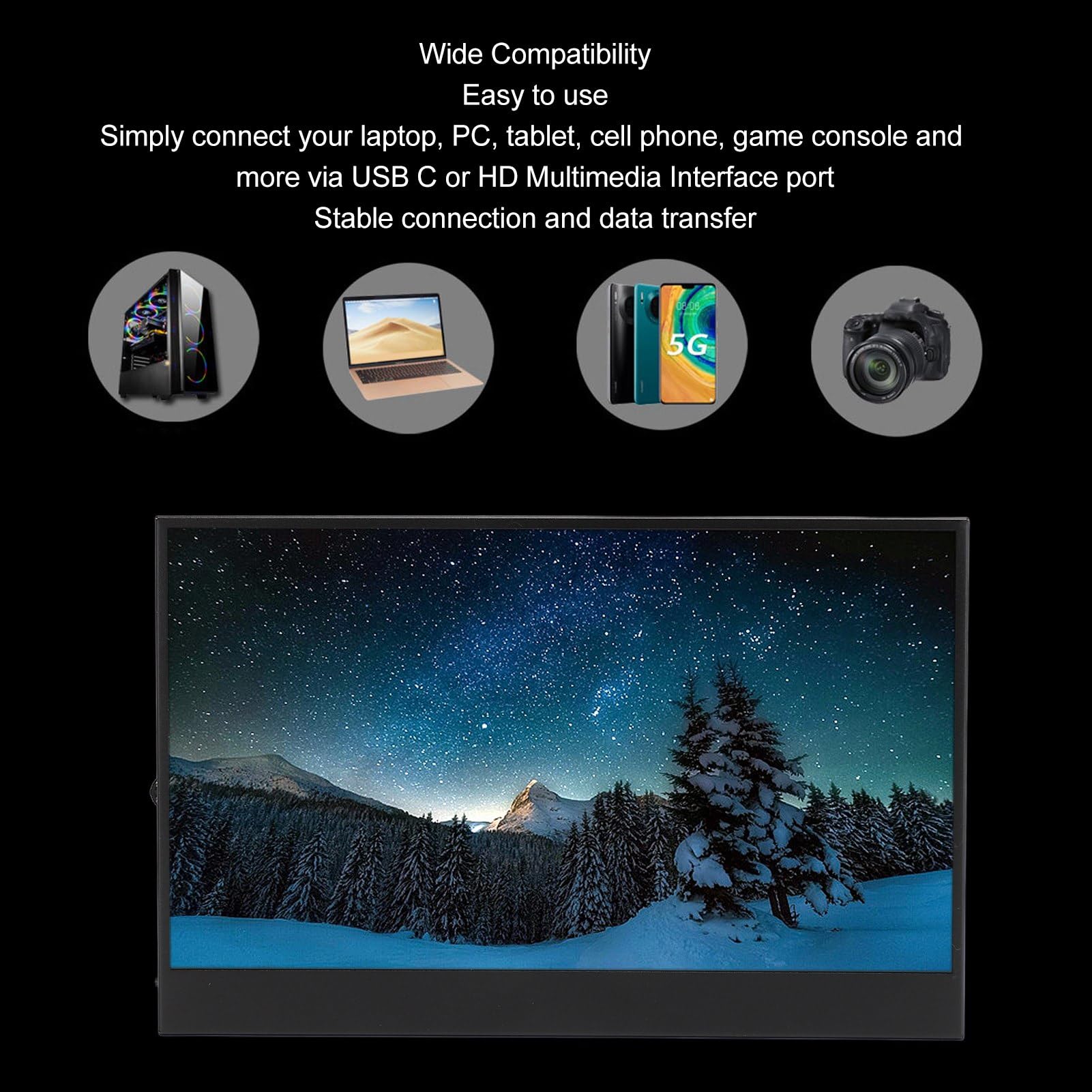 ASHATA 13.3 Inch USB C Portable Monitor - 1080P IPS Display, 16:9 Aspect Ratio, Built-in Dual Speakers, 178° Viewing Angle, for Laptop, PC, Phone - Perfect for Work, Gaming & Travel