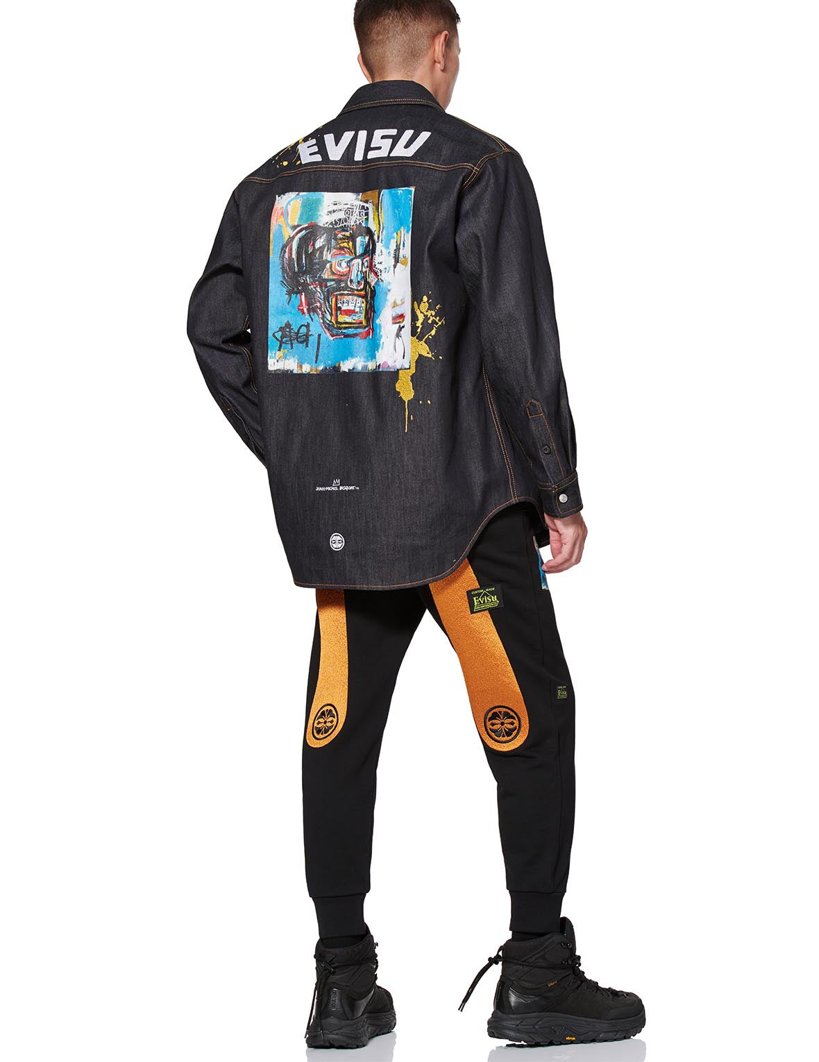 EVISU x Jean Michel Basquiat Untitled Denim Shirt Jacket - Vintage Streetwear Fashion for Men & Women | Perfect for Casual Outfits, Music Festivals & Urban Style