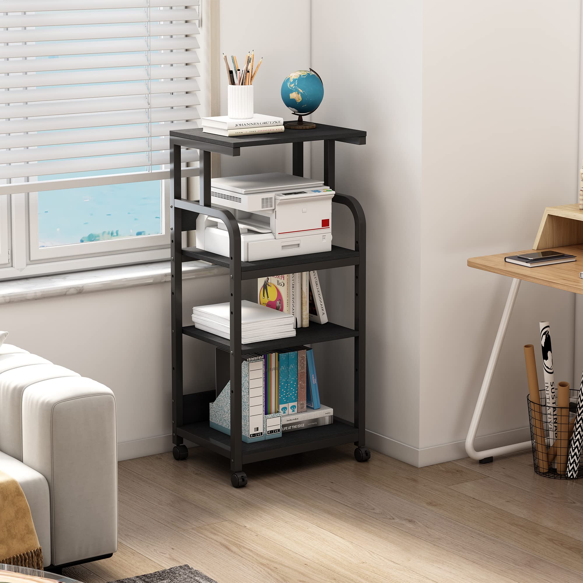Adjustable 4-Tier Printer Stand with Wheels - Large Tall Rolling Cart for Home Office Storage, Computer Tower, CPU & Shredder Organization (Black) | Perfect for Small Spaces & Workspace Organization