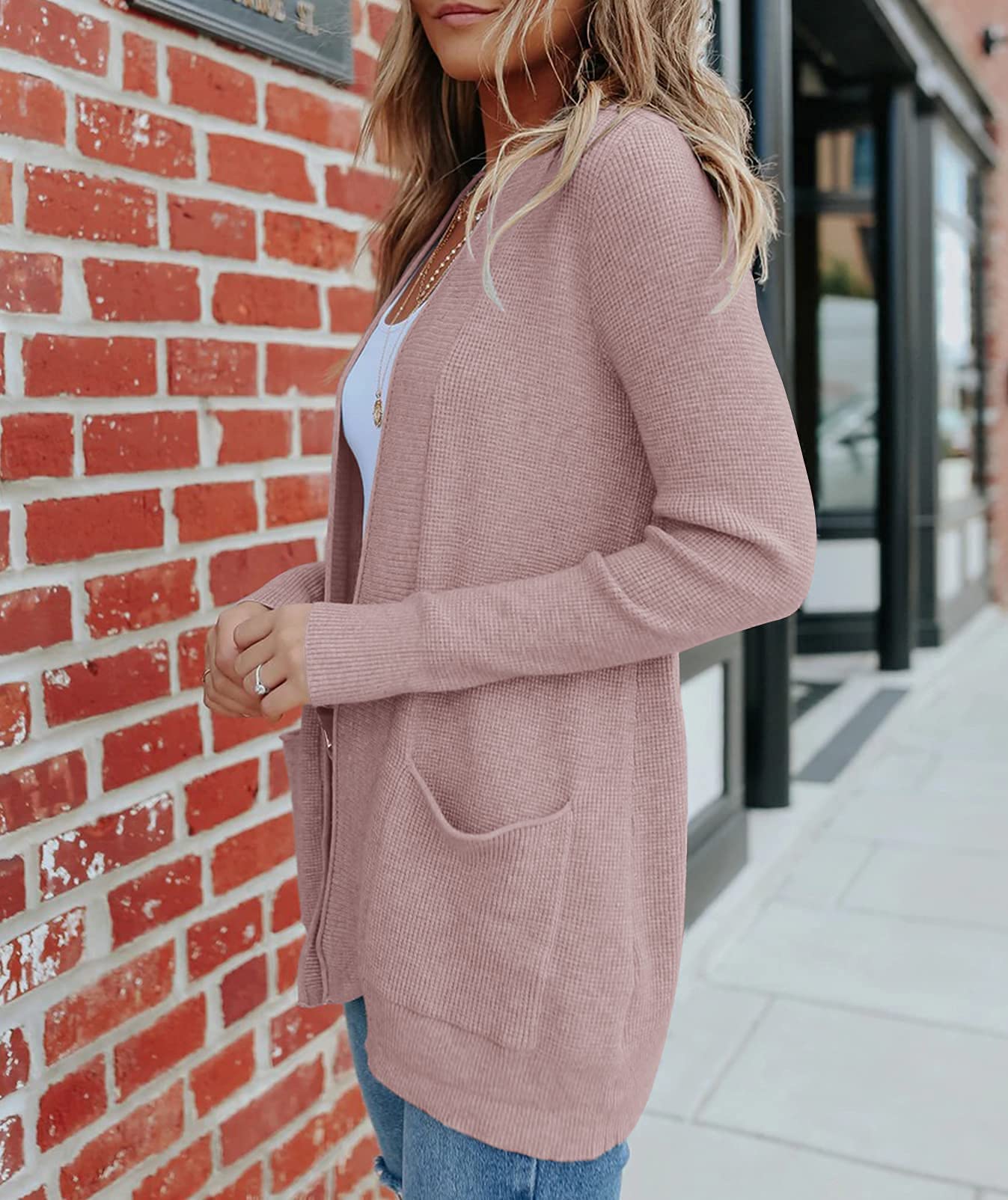 MEROKEETY Women's 2025 Fall Open Front Waffle Knit Cardigan - Long Sleeve Cozy Pocket Sweater for Women | Soft Chunky Knitwear for Autumn, Winter Layering & Casual Outfits | Perfect for Office, Coffee Dates & Weekend Lounging