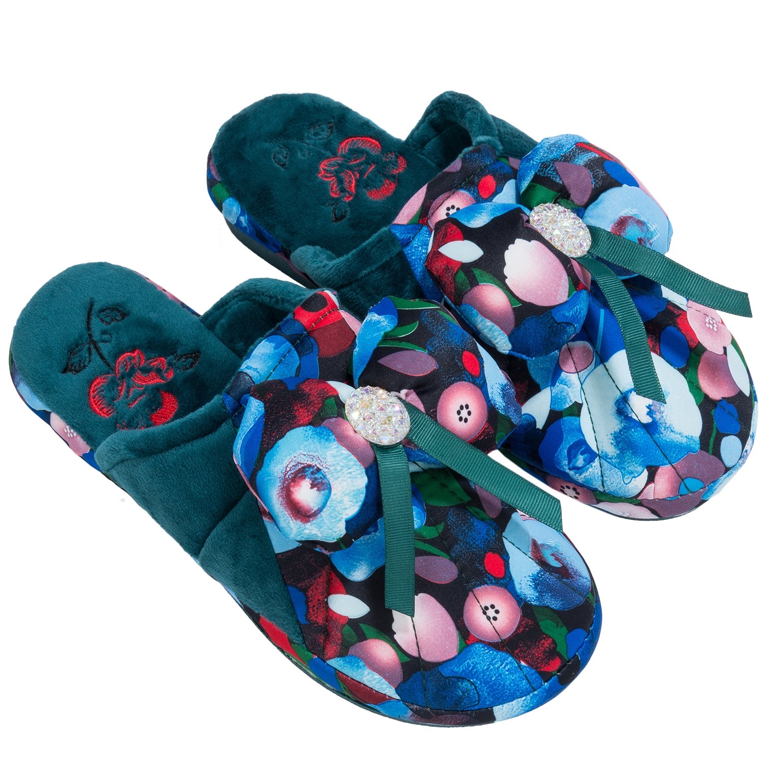 Aerusi Women's Floral Print Fleece House Slippers - Soft Warm Non-Slip Indoor Slippers for Spa, Bedroom, Lounge & Home Comfort