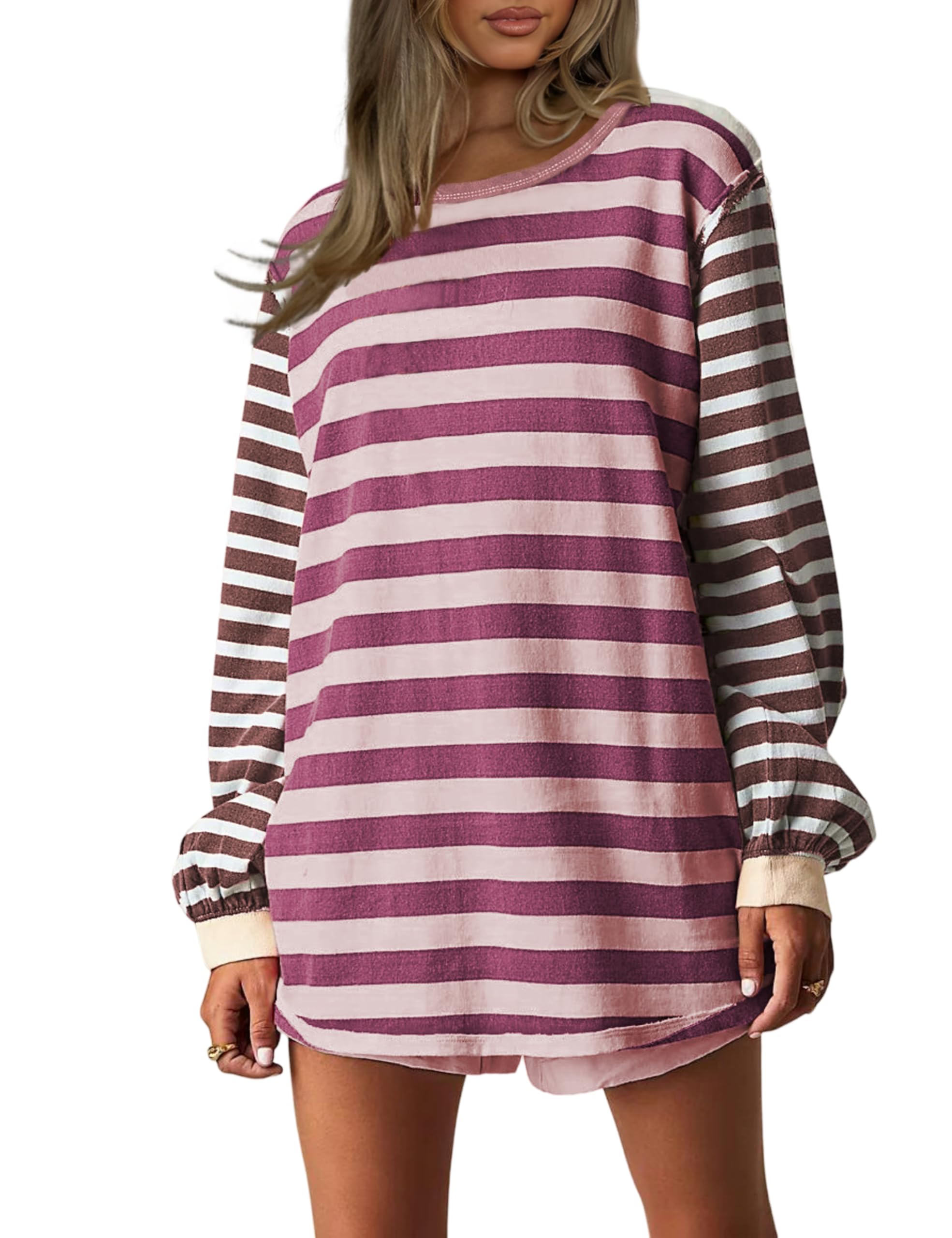 Trendy Oversized Long Sleeve Striped Sweatshirt for Women | Y2K Fashion Tops | AMEBELLE Purple Stripe Tee (Small) | Perfect for Casual Outfits, Streetwear & Layering