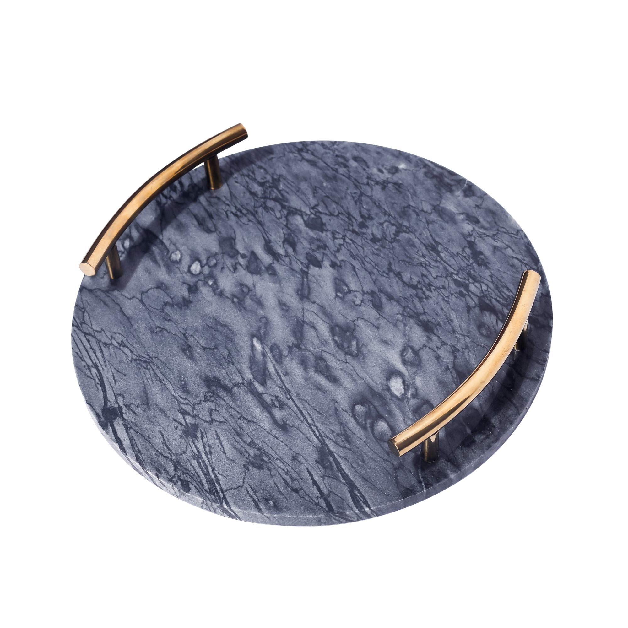 Grey Marble Round Decorative Tray with Gold Handles - Multipurpose, Spacious, Durable for Home Decor, Bathroom Organizer, or Coffee Table Centerpiece