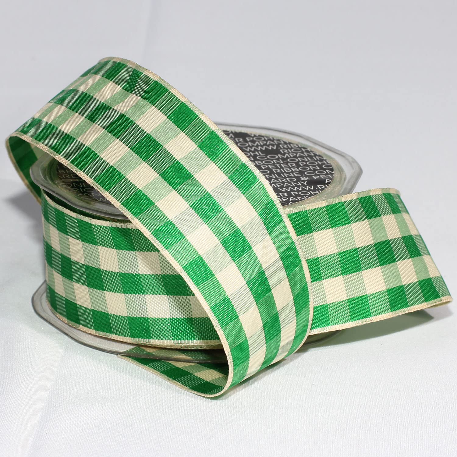 Green and Ivory Gingham Wired Woven Edge Ribbon 1.5 Inch x 27 Yards - Perfect for Gift Wrapping, DIY Crafts, Wedding Decorations and Party Favors