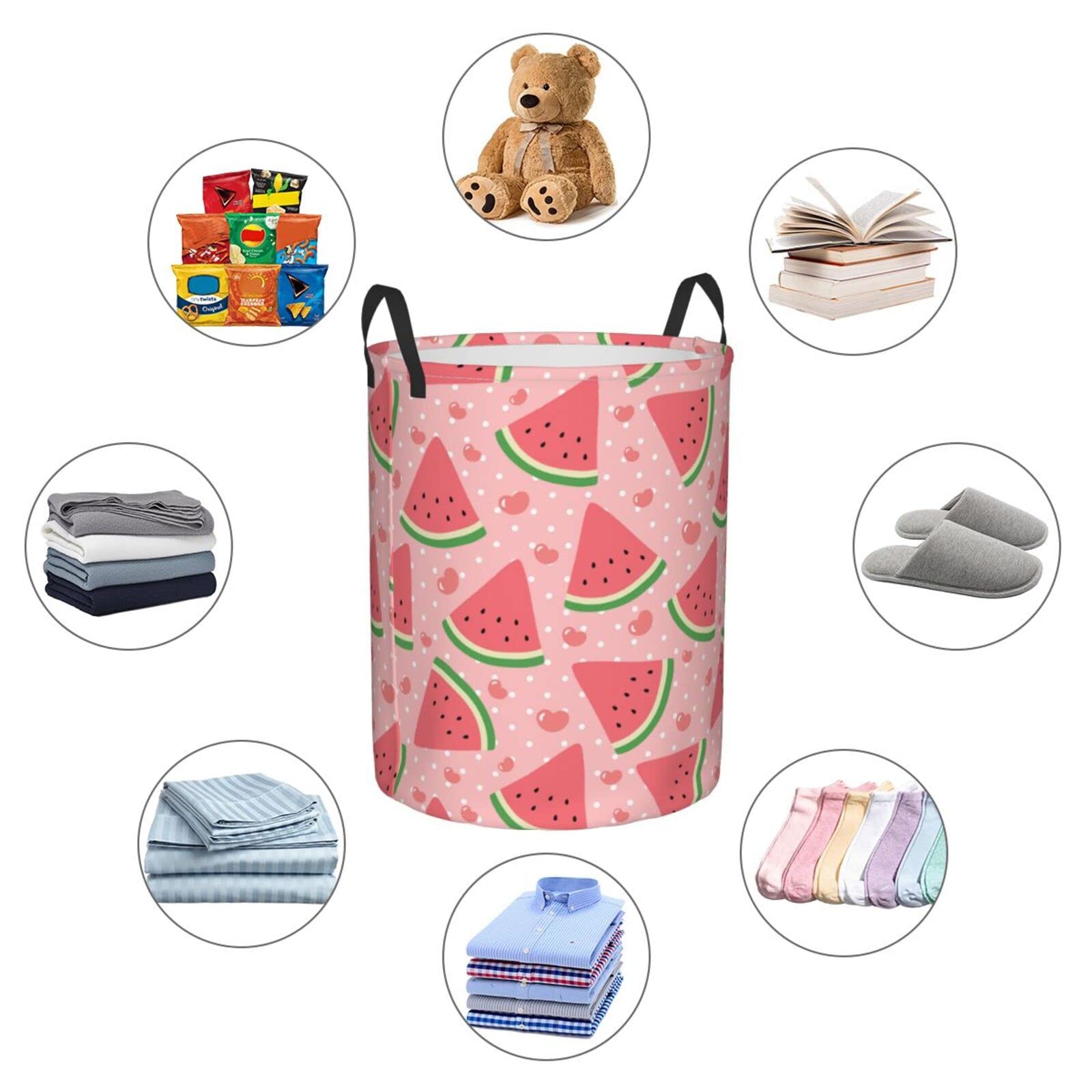 Watermelon Pink Polka Dot Collapsible Laundry Basket with Handle - Waterproof Fabric Hamper for Dirty Clothes, Toys & Bathroom Storage - Space-Saving Large Laundry Organizer Bin for Home, Dorm & Travel