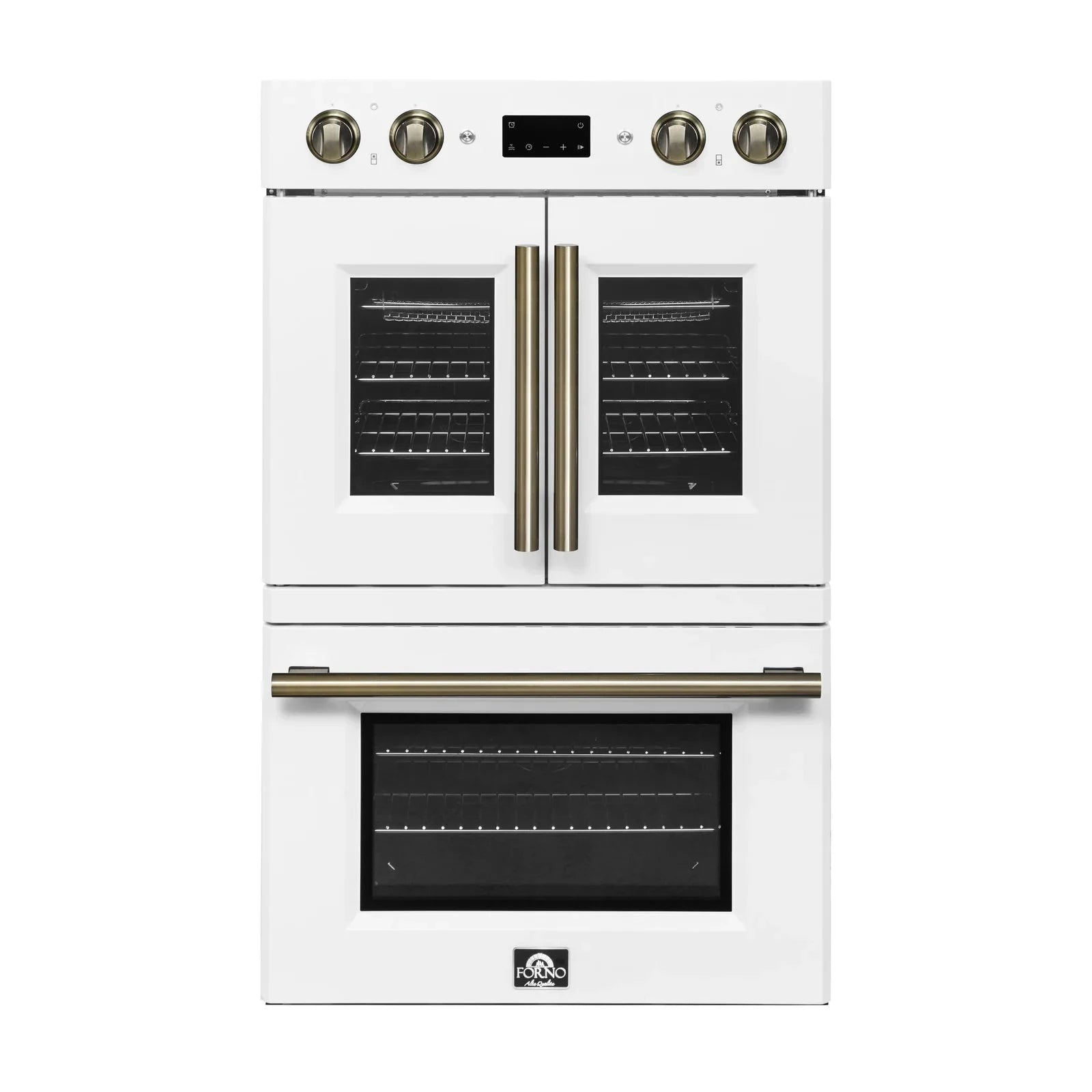 Forno Asti 30 Inch Double Electric Wall Oven with French Doors - White Finish & Antique Brass Trim (Model FBOEL1340 30WHT) | Perfect for Modern Kitchens, Baking, and Entertaining