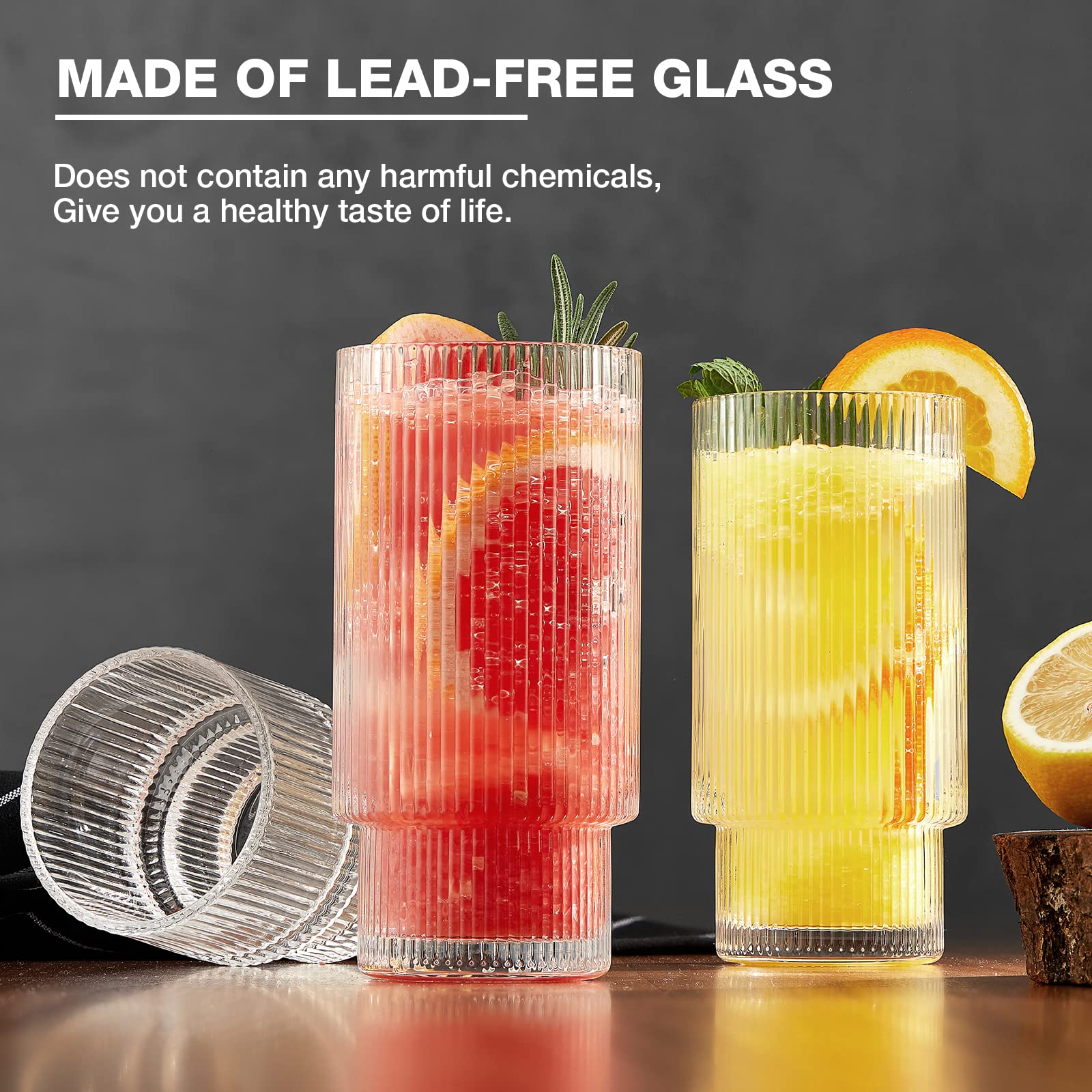 8-Pack Vintage Ribbed Glassware Set - 4 Highball Glasses (11oz) & 4 Rocks Glasses (6oz) - Elegant Drinking Cups for Cocktails, Whiskey, Juice & Iced Coffee - Perfect for Home Bars, Dinner Parties & Everyday Use