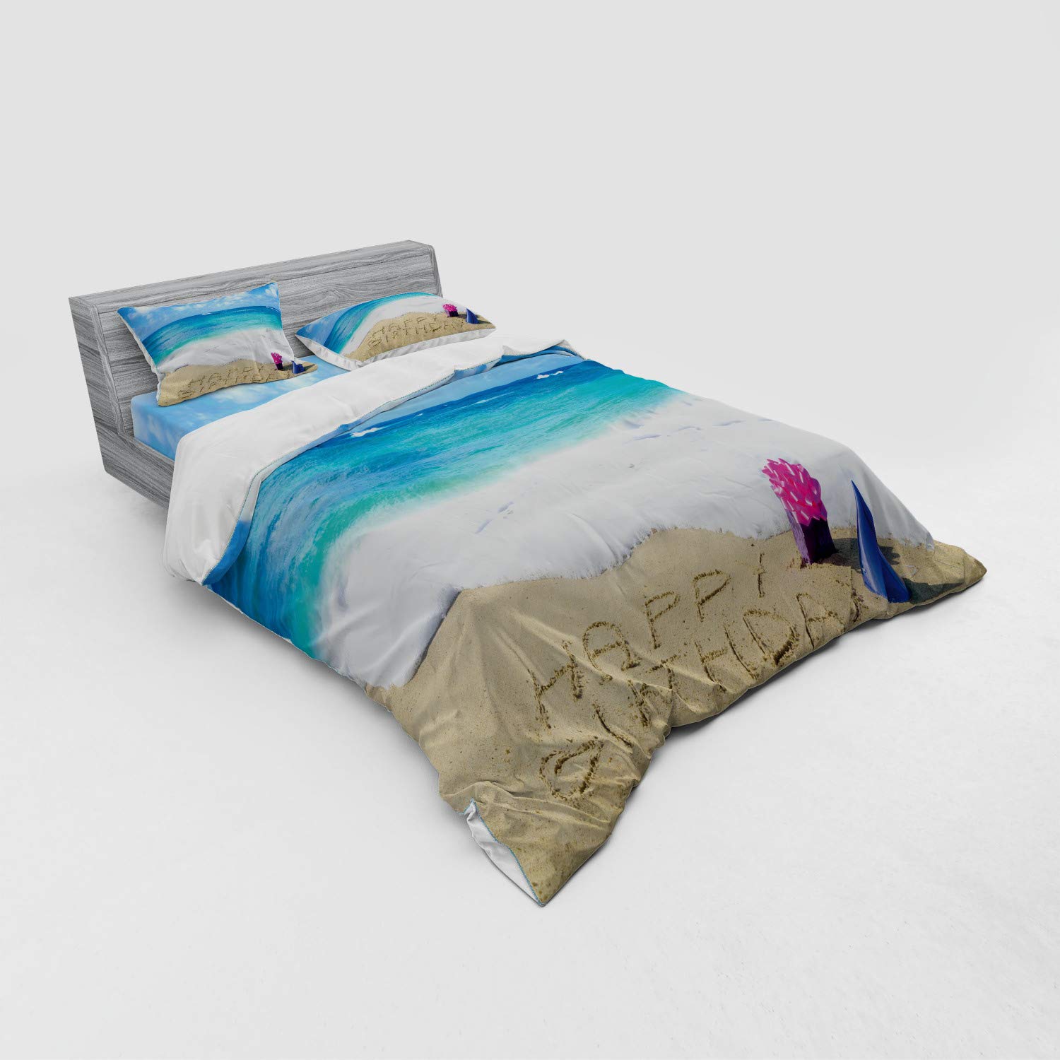 Ambesonne Birthday Duvet Cover Set - Happy Birthday Celebration Beach Theme with Party Hats & Gifts, 4-Piece Queen Size Bedding Set with Shams & Fitted Sheet in Blue, Pale Brown & Pink - Perfect for Birthday Parties, Beach-Themed Bedrooms & Gift Giving