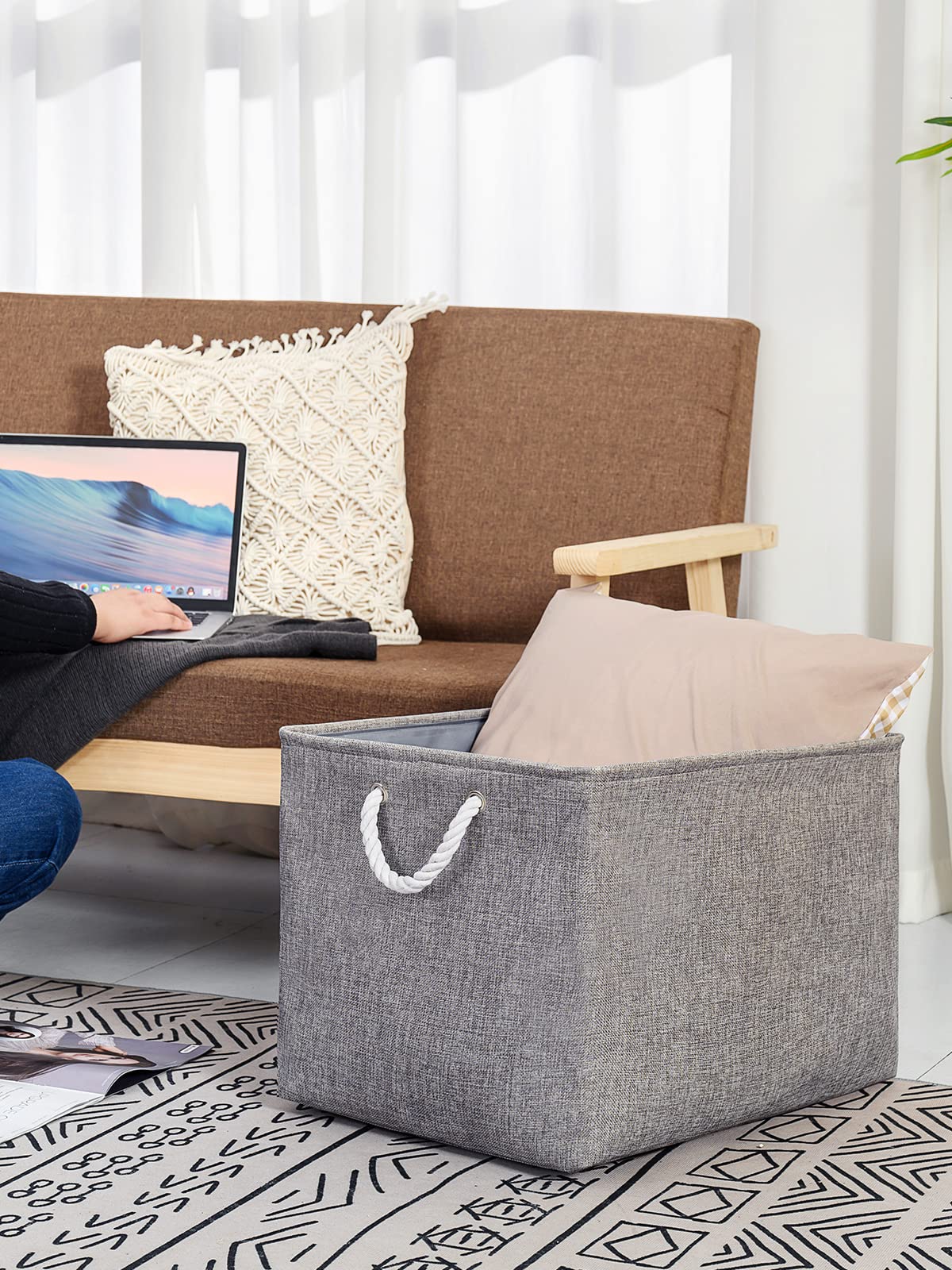 Fabric Storage Basket with Rope Handles - Large Organizer for Bedroom, Bookshelves & Coffee Table (15.7