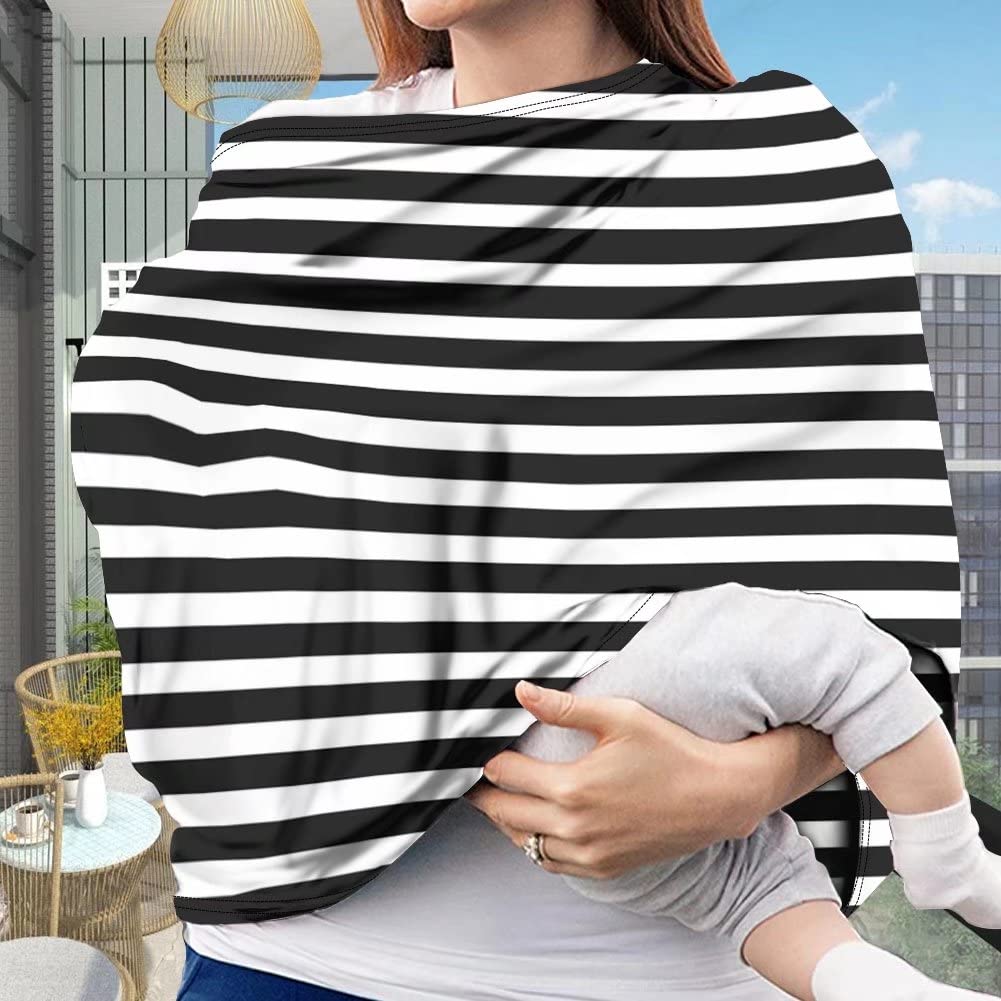 NDISTIN Black & White Stripe Baby Car Seat Cover - Multi-Use Car Seat Canopy, Nursing Cover & Breastfeeding Scarf - Breathable Stretch Fabric for Infant Boys & Girls - Perfect Baby Shower Gift for Travel, Shopping & Outdoor Activities
