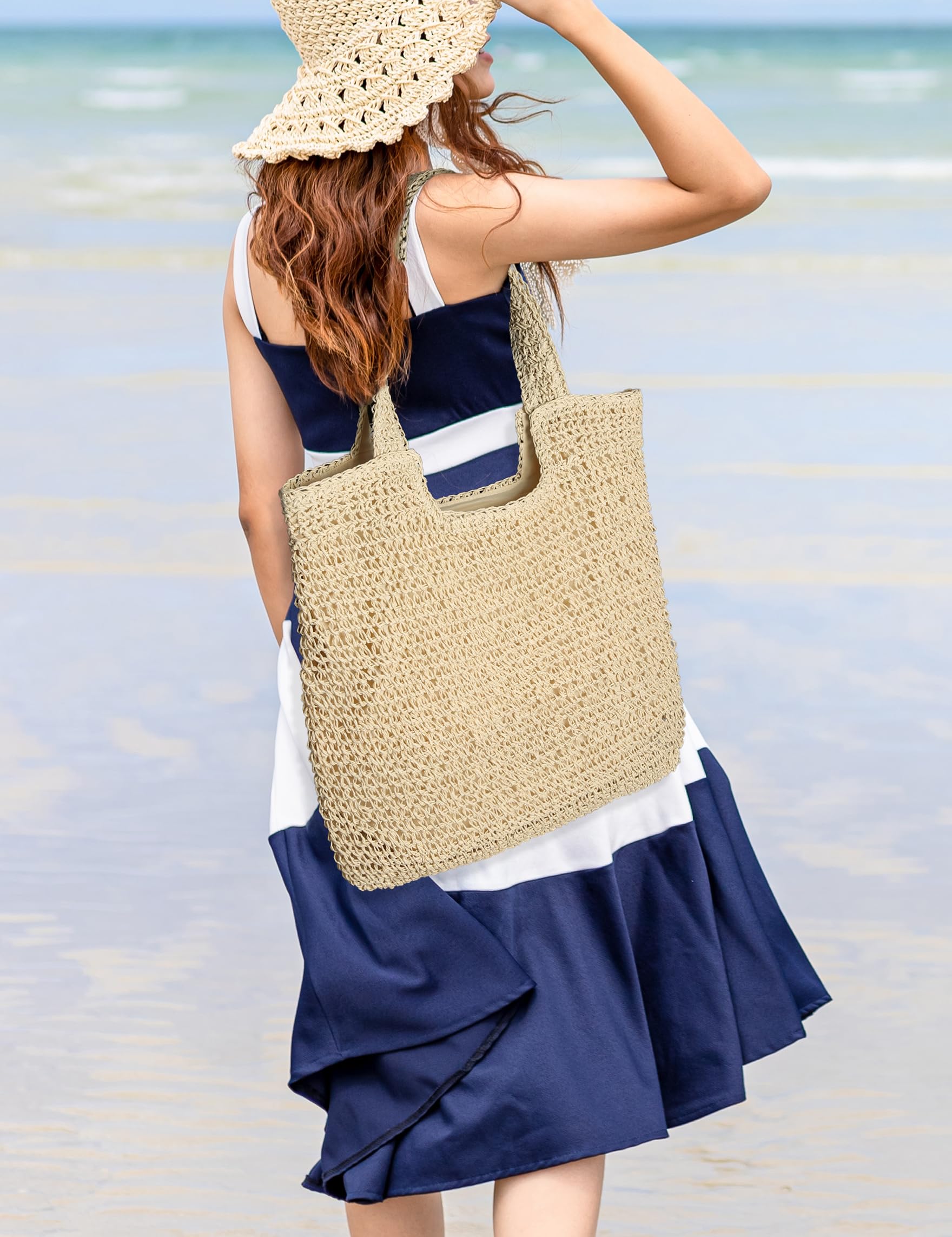 Women's Woven Straw Beach Tote Bag - Large Capacity Summer Shoulder Bag for Vacation, Travel & Shopping - Natural Beige