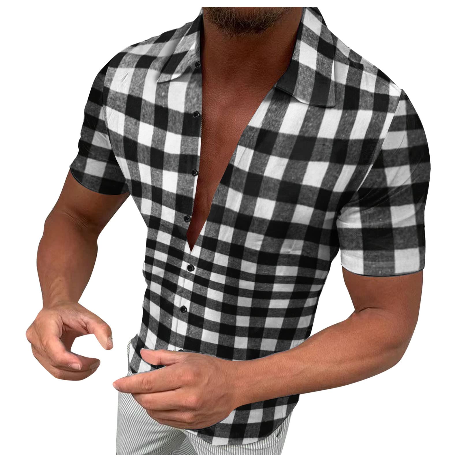 Men's Plaid Short Sleeve Shirt Jacket - Casual Summer Fashion with Buckle Lapel - Slim Fit Dress Shirt for Outdoor, Office & Date Night - Black