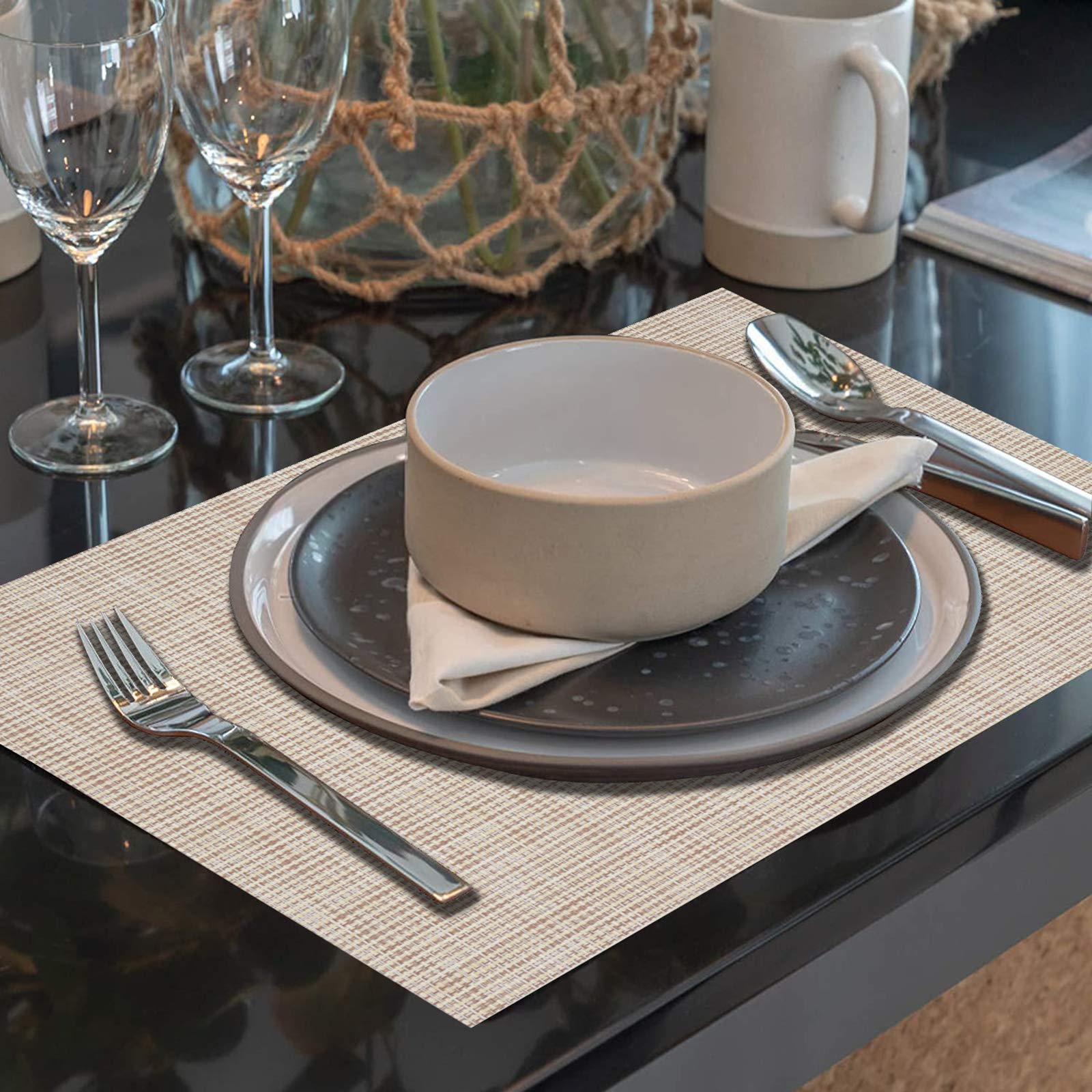 6-Pack Woven Washable Placemats Set - Waterproof Vinyl Table Mats for Kitchen & Dining Room, Beige - Perfect for Everyday Meals, Dinner Parties & Home Decor