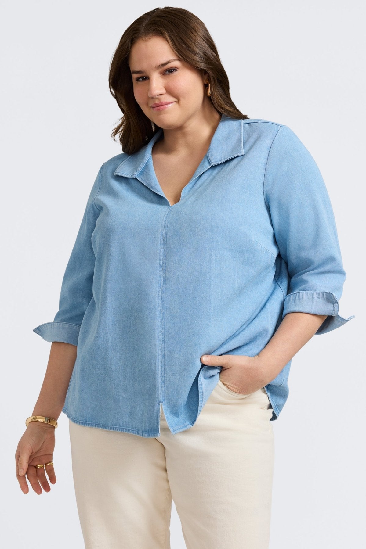 Agnes Plus Women's Tencel® Denim 3/4 Sleeve Popover Shirt - Soft Stretch Eco-Friendly Blouse for Casual Wear & Office Outfits