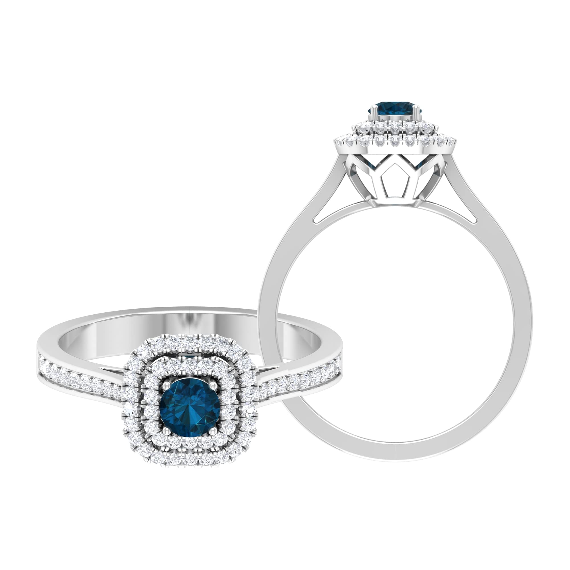 0.75 CT London Blue Topaz & Diamond Double Halo Engagement Ring for Women - Vintage Inspired 14K Solid Gold Crown Topaz Wedding Ring - Perfect for Proposals, Anniversaries & Special Occasions