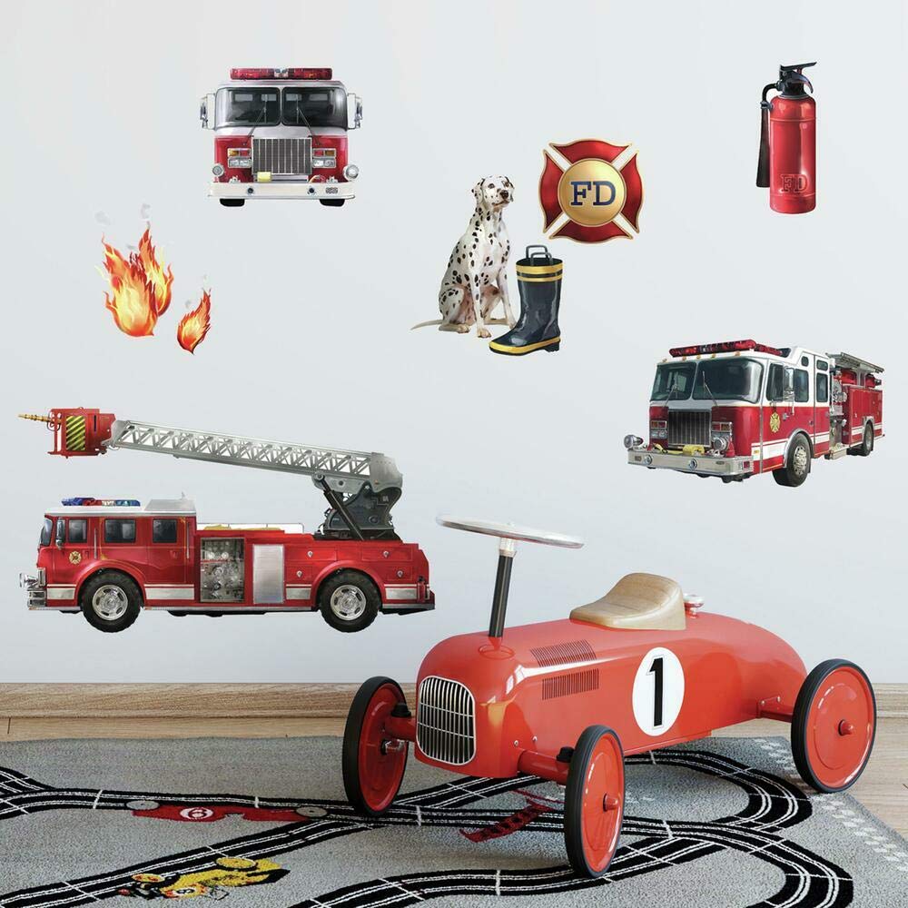 RoomMates RMK1125SCS Fire Brigade Peel and Stick Wall Decals - Red - Easy to Apply Removable Wall Stickers for Kids' Bedroom, Nursery, Playroom Decor