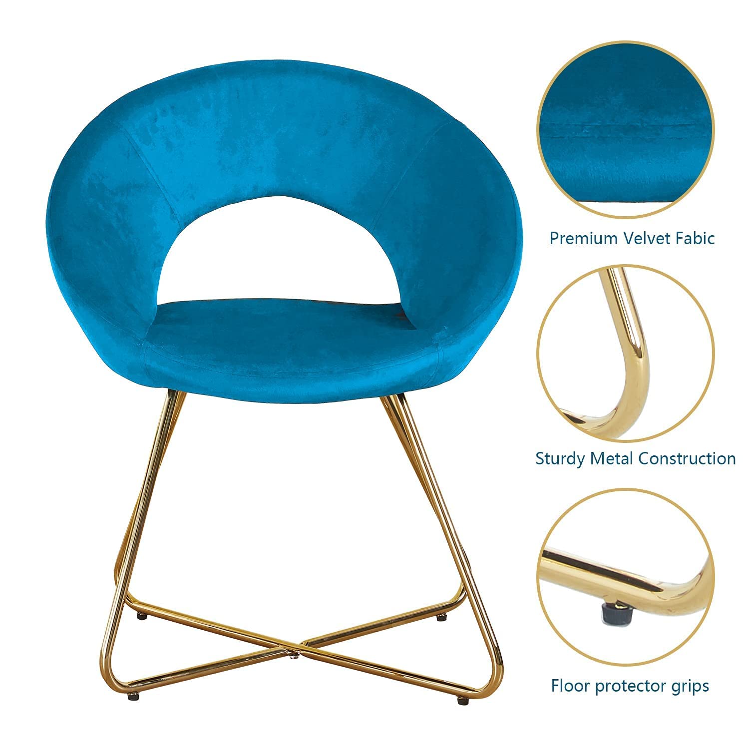 Modern Velvet Accent Chairs Set of 2 - Mid Century Upholstered Armchairs with Golden Legs for Living Room, Dining Room & Lounge - Blue Comfy Leisure Chairs for Home Decor, Reading Nook & Coffee Corner