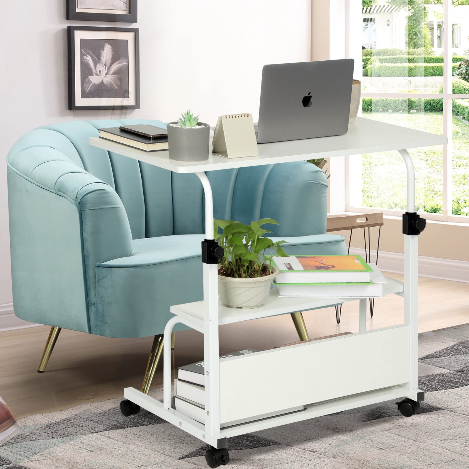 Portable Rolling Desk with Wheels, Adjustable Height for Home Office & Study - 32